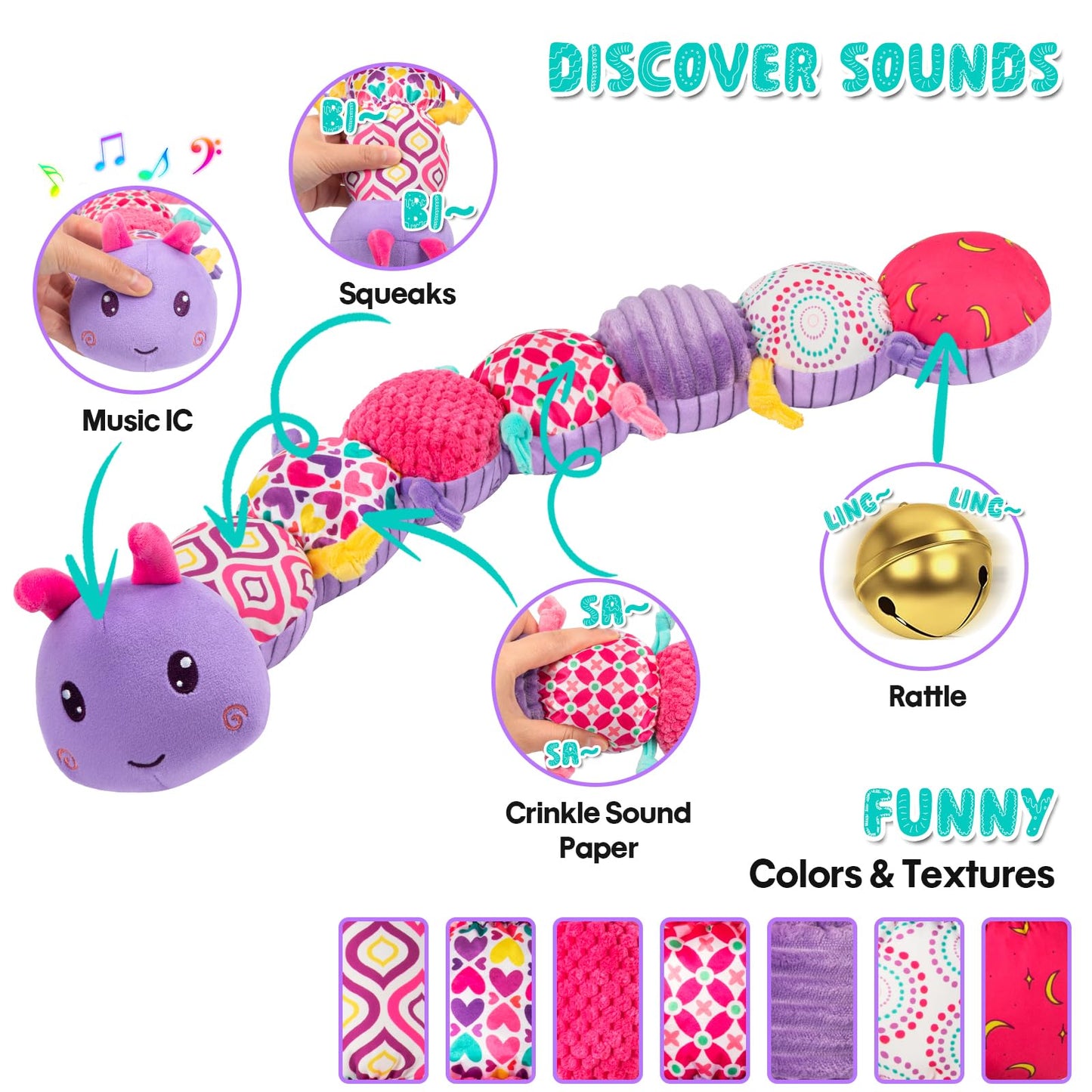 Baby Stuffed Animal Toys for 0-6 6-12 Months, Baby Musical Caterpillar Tummy Time Toys for Babies 3 6 9 12 18 Months, Newborn In