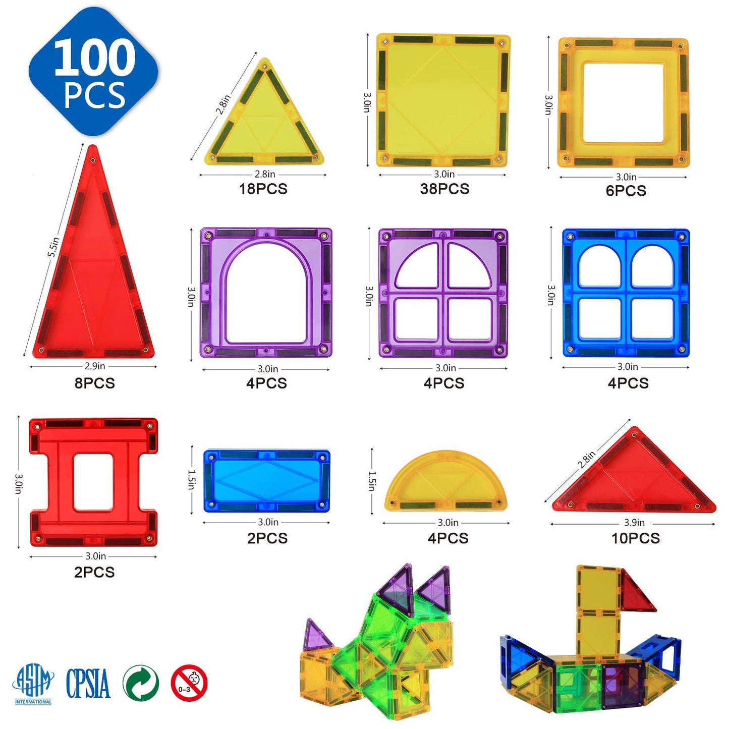 Magblock Magnet Toys Kids Magnetic Building Tiles 100 Pcs 3D Magnetic Blocks Preschool Building Sets Educational Toys For Toddlers Boys And Girls.