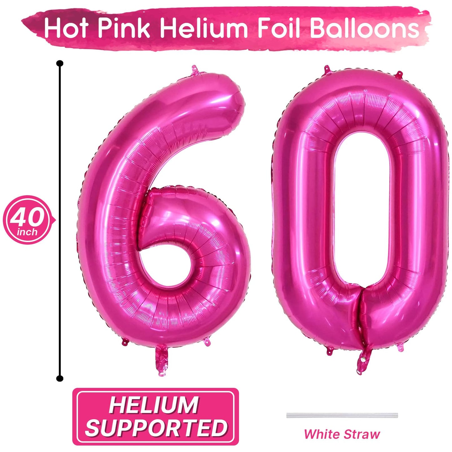 Isndare 40 Inch Number Balloons 60, Hot Pink Helium Foil Number 60 Balloons, Large Number Balloon Age Balloon For Boys Girls Bir