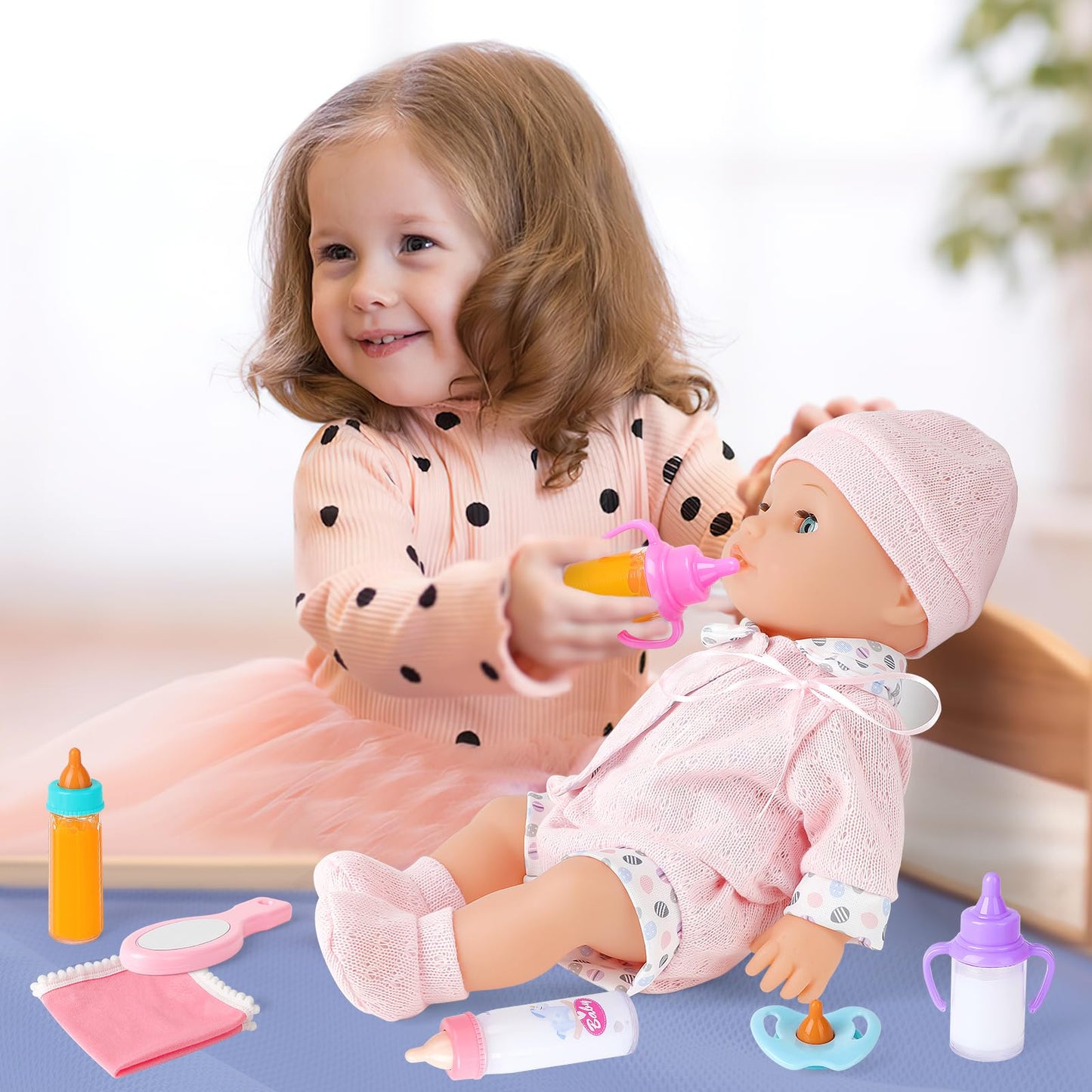 Deao Baby Doll Accessories Bag,20Pcs Baby Feeding Accessories,Clothes,Doll Dog,Soother Dummy - Pretend Play Set For Birthday Gift Christmas(Doll Not Included)