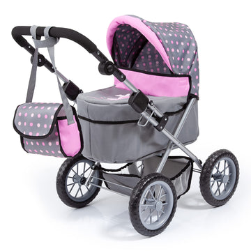 Bayer: Trendy Pram - Grey, Pink, Dots - Includes Shoulder Bag, Fits Dolls Up To 18, Adjustable Handle, Kids Pretend Play, Shoppi