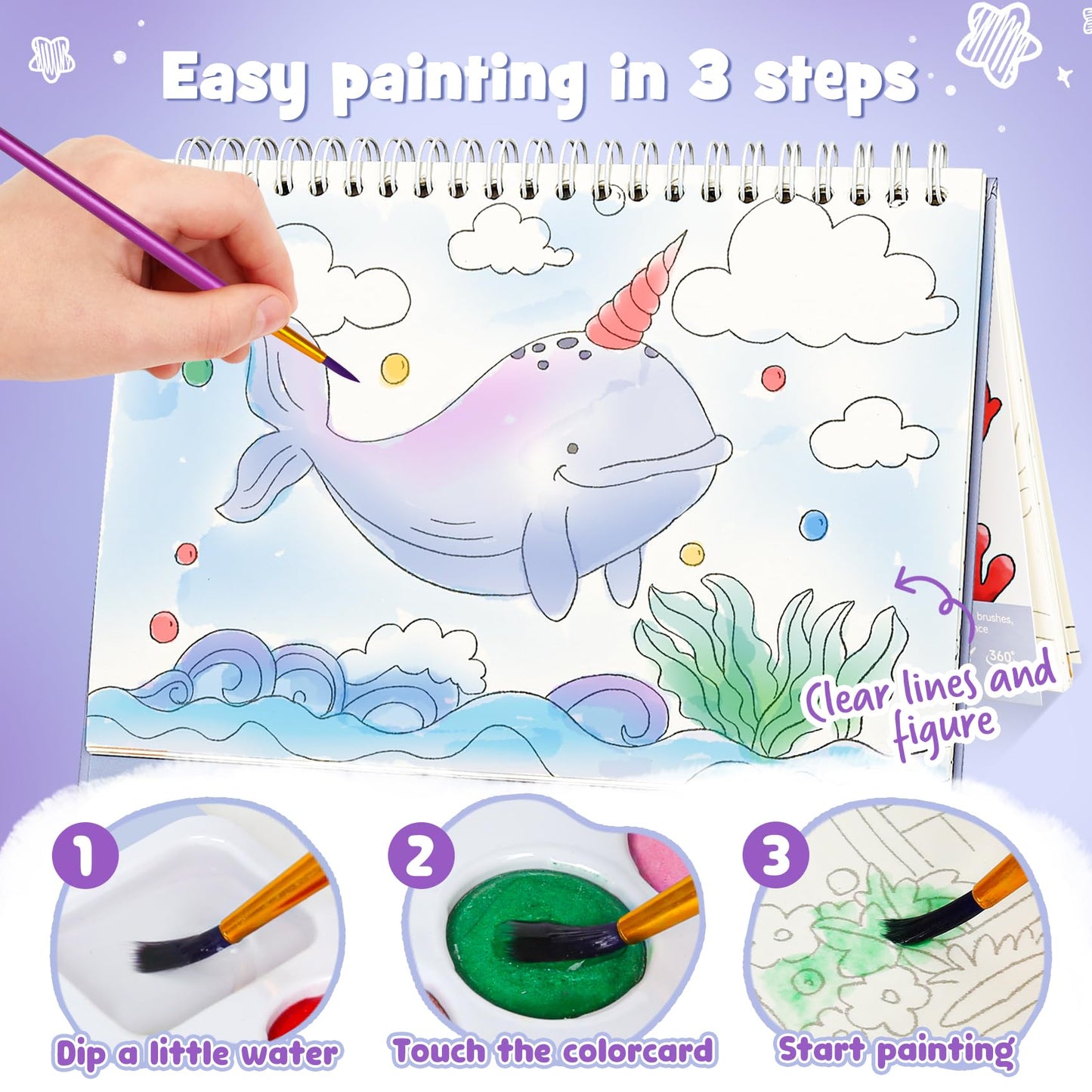 Mess Free Paint with Water Watercolor Book, Portable Spiral-Bound Painting Art Set Gifts for Kids, Travel Friendly