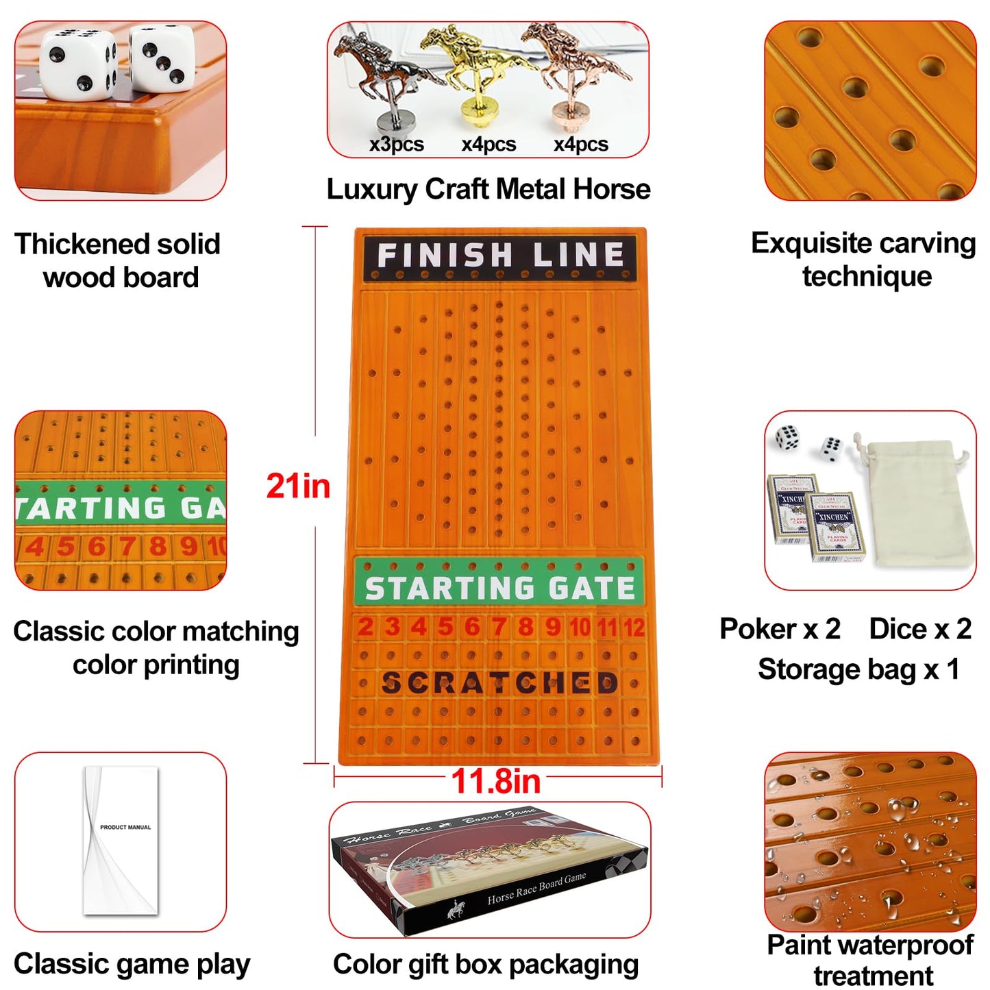 Large 21 Inches Horse Racing Board Game With 11 Luxury Metal Craft Horses Thickened Pine Finish Line Race Game Chessboard Includ