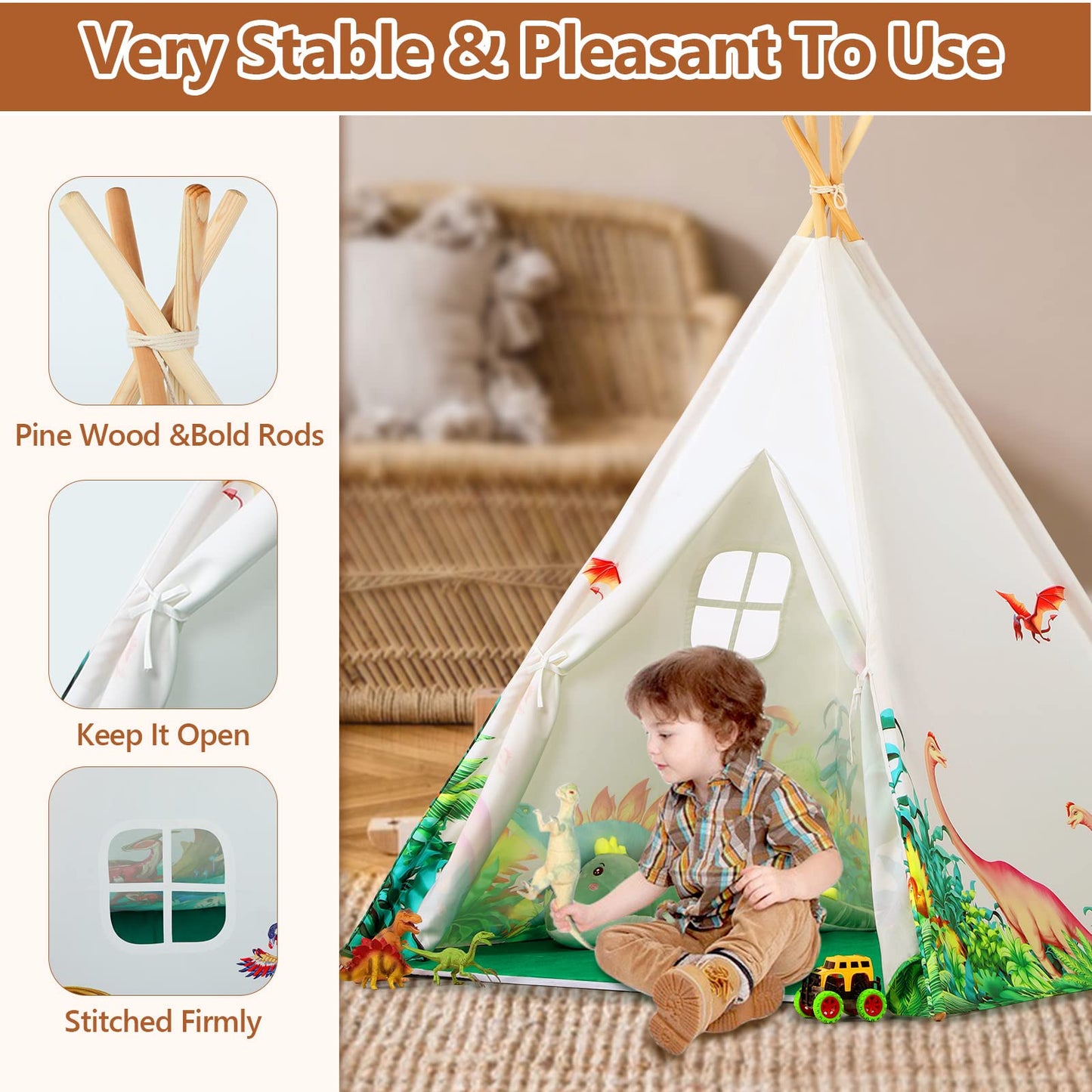 Wilhunter Dinosaurs Teepee Tent For Kids With Roar Button & Lights & Mat, Kids Play Tent Gift For Boys & Girls, Kids Tent Toys F