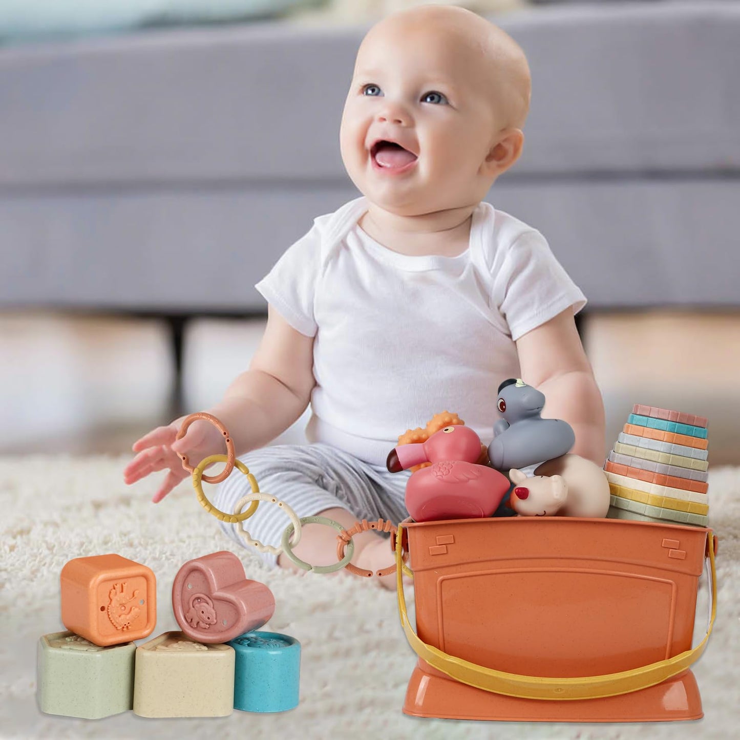 Byfwh 5 In 1 Montessori Baby Toys For 6-48 Months,Shape Sorters Stacking Cups,Rings Toy Links,Soft Stacking Rings,Blocks Set,Sof