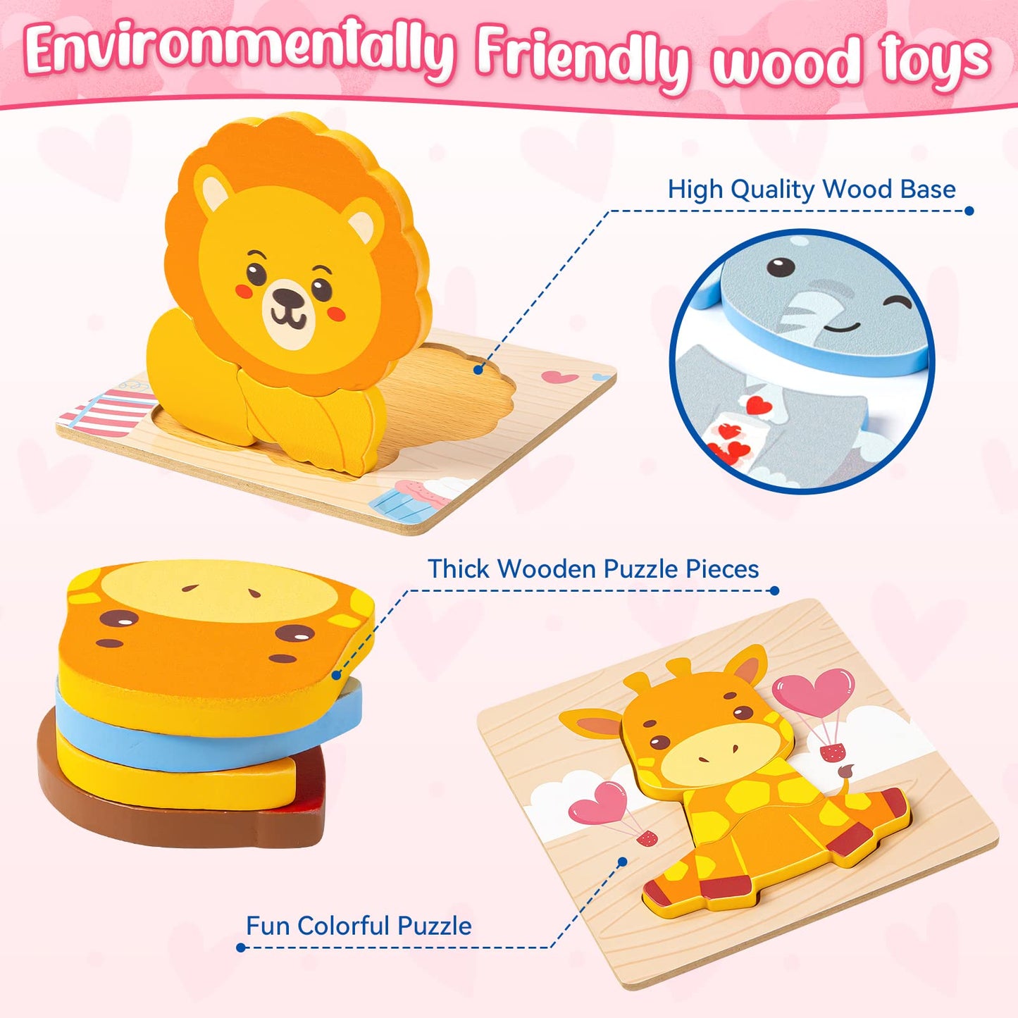Valentines Toys Gifts For Kids Toddlers - 4 Pack Wooden Puzzles With Animals Design, Valentine Party Favors For Boys Girls, Kids