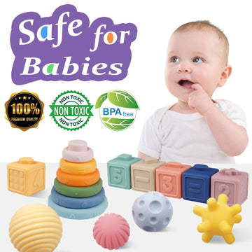 Montessori Toys For Babies,Soft Stacking Building Blocks Rings Balls Sets,3 In 1 Baby Toys Bundle,Sensory Toys For 6-12 Months, Soft Teething Toys For Babies,Baby Toys Easter Shower Gifts For Boy Girl