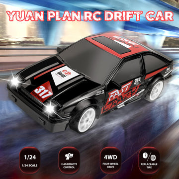 YUAN PLAN Remote Control Car 1/24 2.4GHz 4WD RC Drift Car, Rechargeable High Speed RC Cars with Cool Lights, Two Batteries and E
