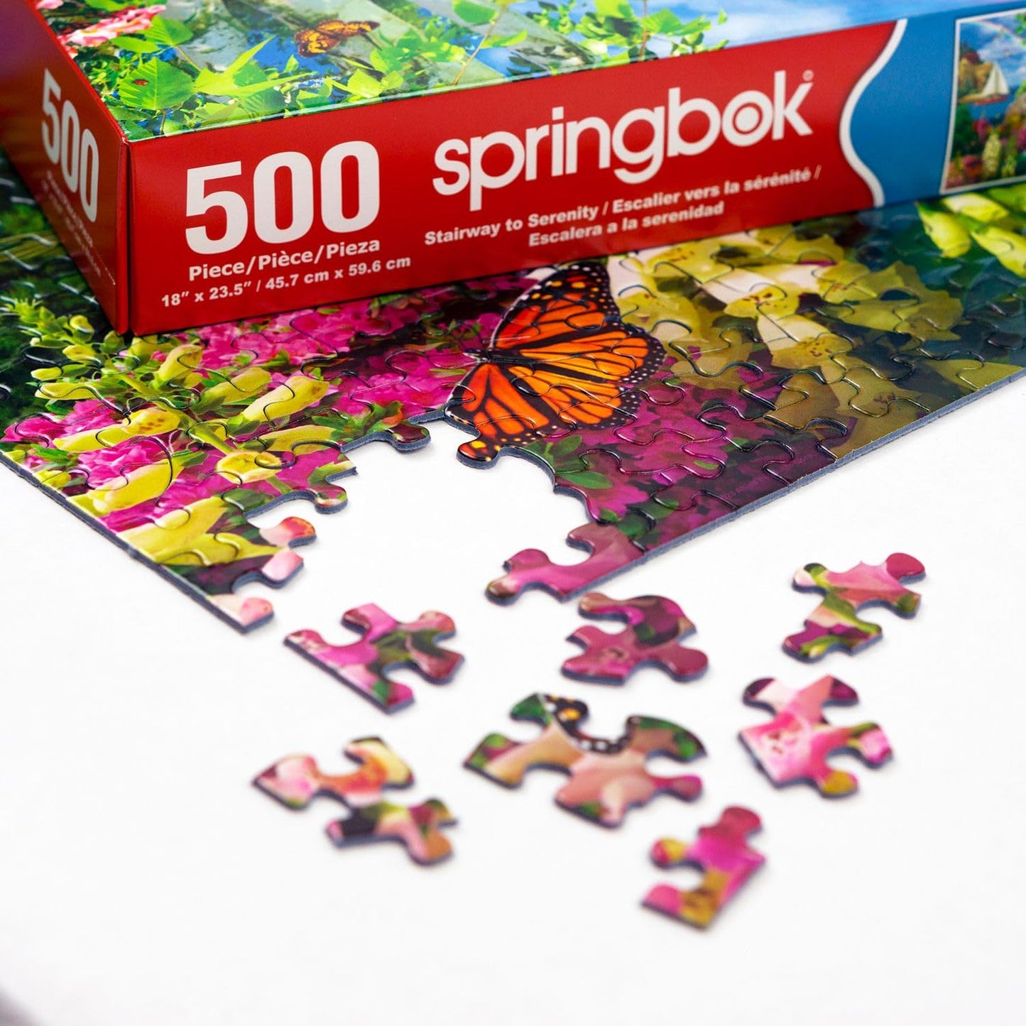 Springbok Stairway To Serenity 500 Piece Jigsaw Puzzle For Adults By Arist Alan Giana - Colorful Garden By The Ocean - Finished Size 23.5' X 18'