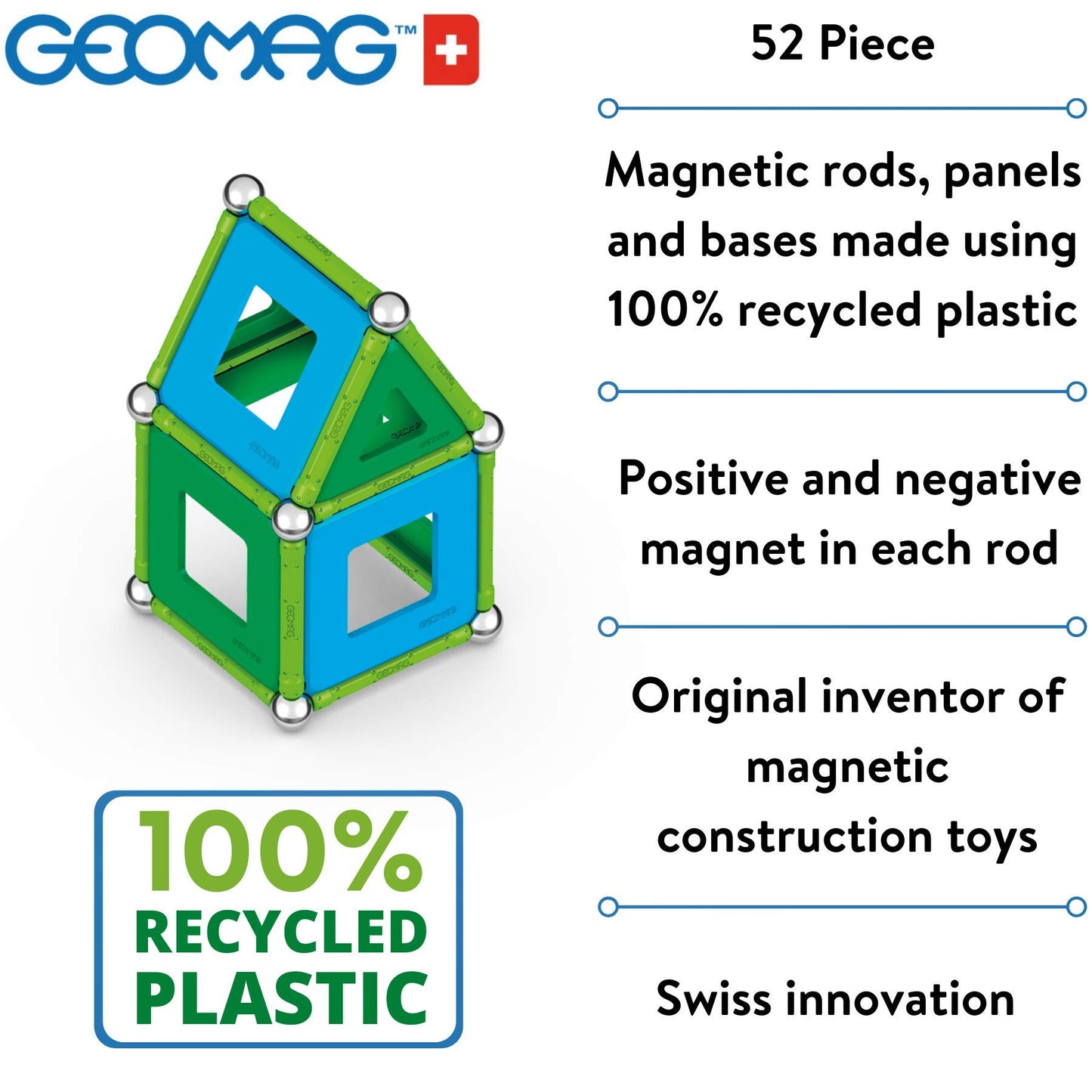 Geomag Magnetic Toys Classic Tiles 52-Piece Building Set For Kids Ages 5-99 | Swiss-Made Stem & Steam Authenticated Educational Toy Made From 100% Recycled Plastic | Creative Learning Play