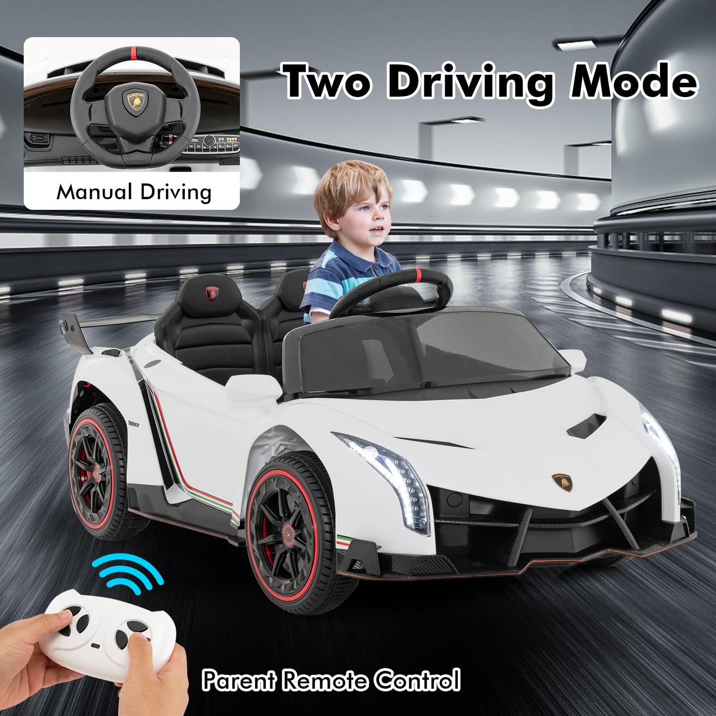 OLAKIDS 2 Seater Kids Ride On Car 12V 4WD Licensed Lamborghini Veneno Electric Vehicle with Remote Control Toddlers Battery Powered Toy Gift with 2 Speeds Rocking Mode Music USB MP3 (Beige)