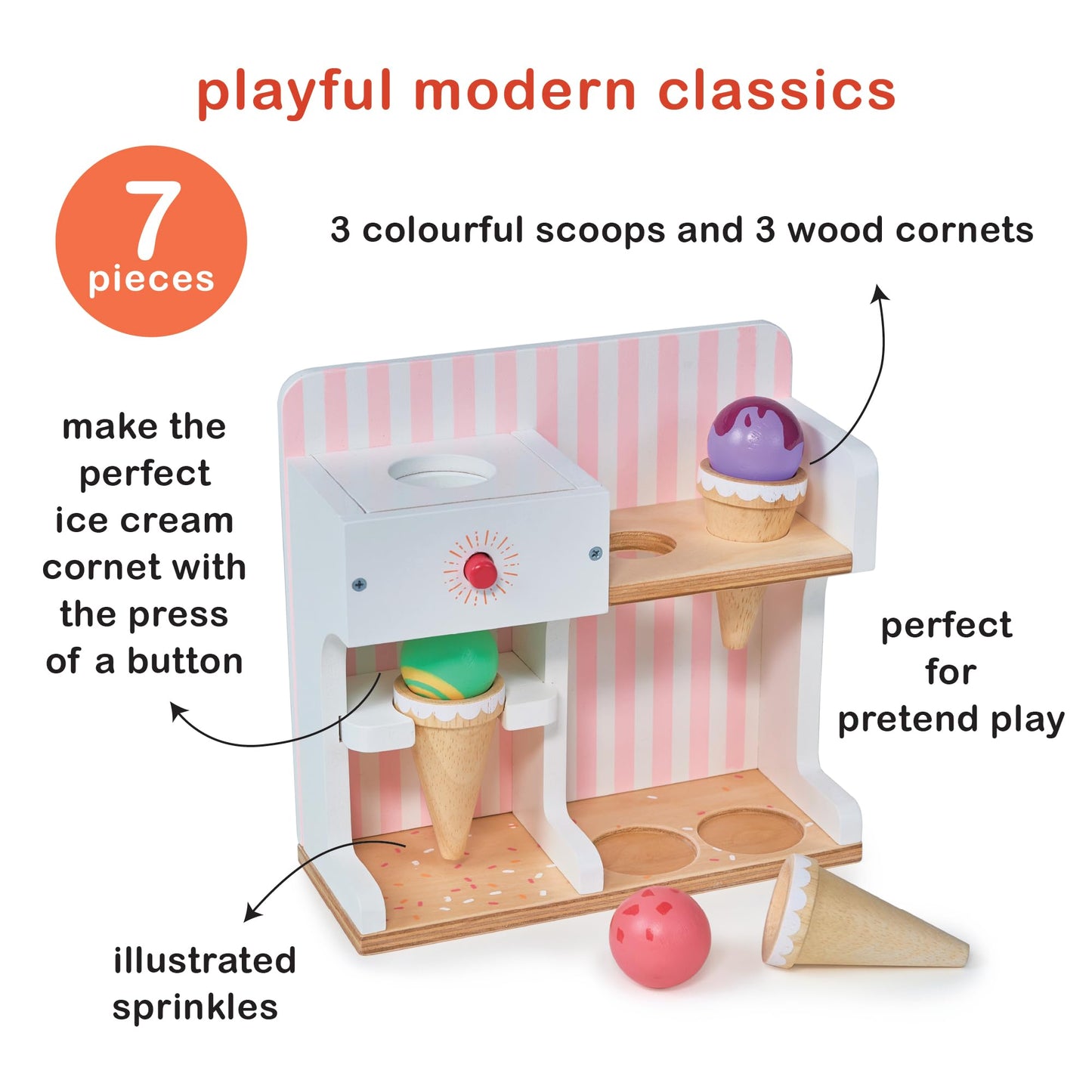 Mentari Toys - Ice Cream Kiosk - 7Pc Wooden Play Shop With Cornets & Scoops - Press & Drop Feature - Pretend Play Toy For Toddle