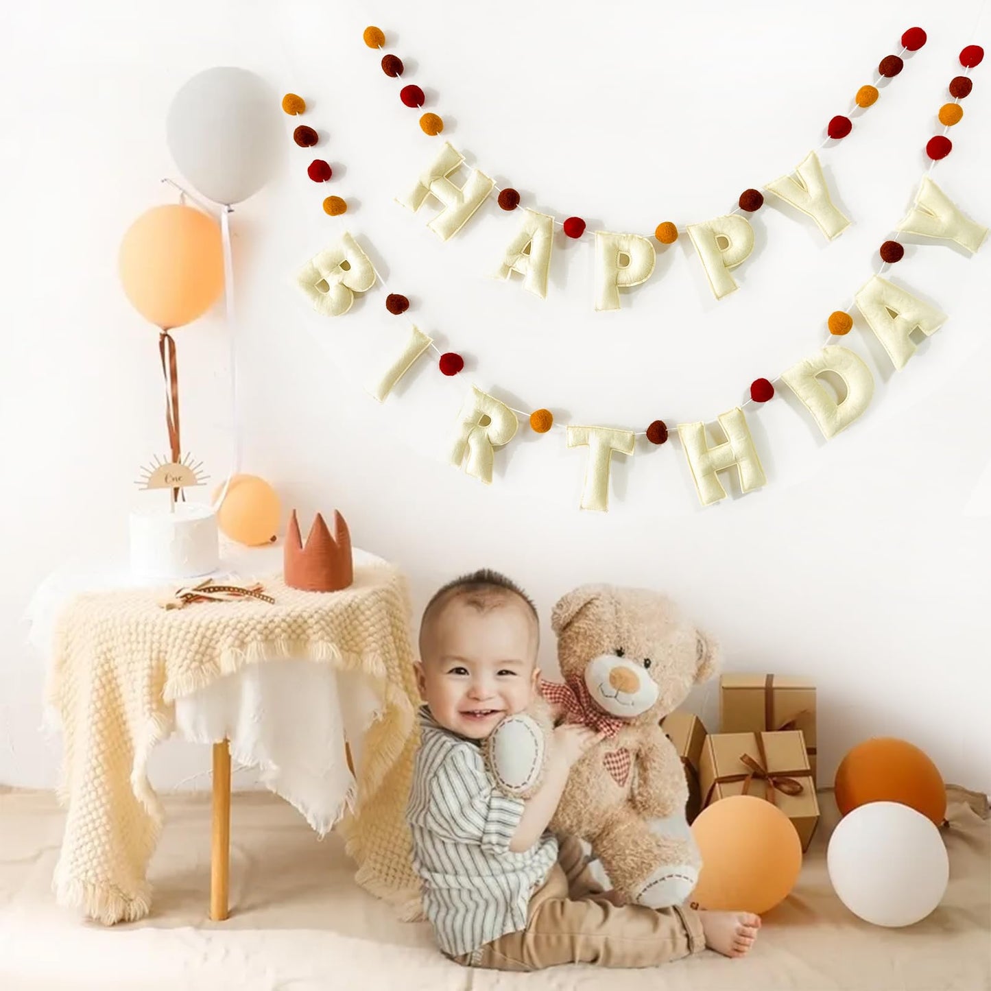 Boho Felt Happy Birthday Banner, Bohemian Birthday Party Decorations,Natural Handmade Wool Letters, Balls, Boho Happy Birthday G