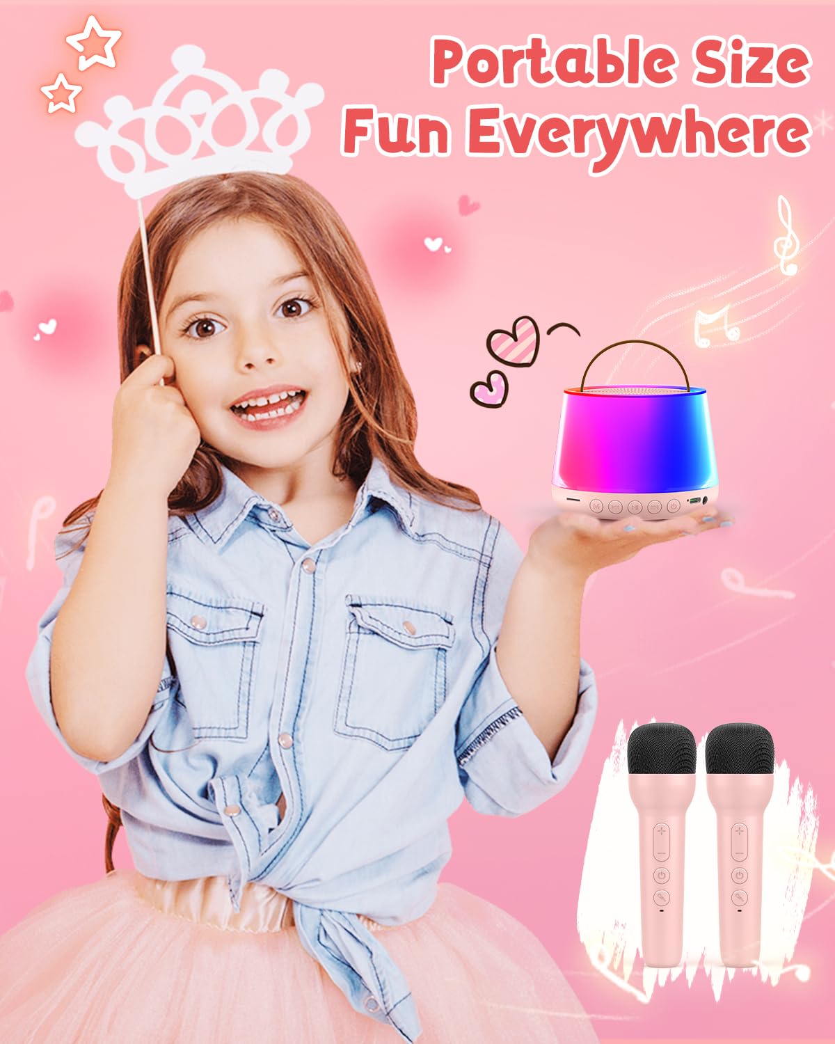 Mini Karaoke Machine For Kids, Portable Bluetooth Speaker With 2 Wireless Microphones And Led Light, Birthday Gifts For 4 5 6 7