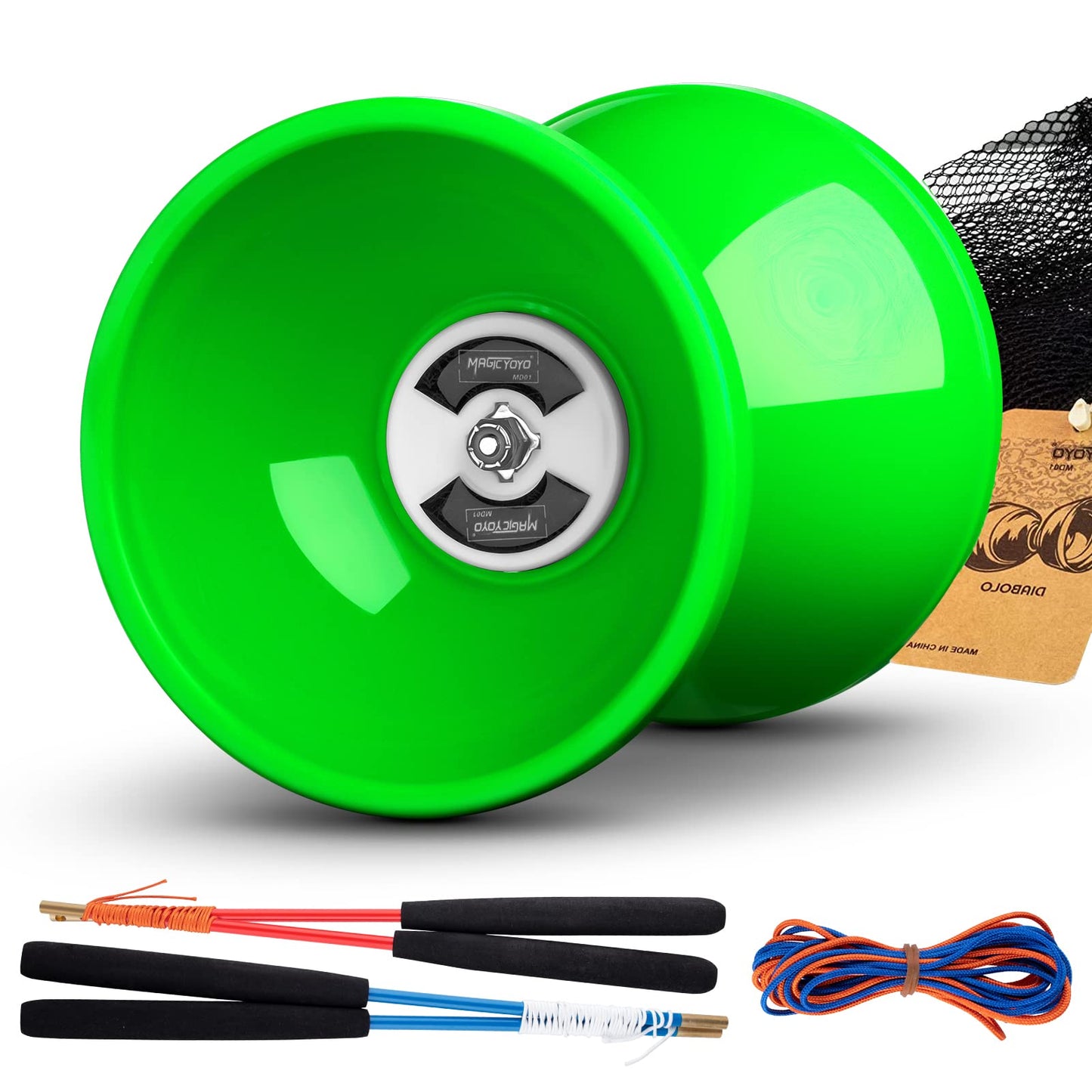 Magicyoyopro Triple Bearing Green Diabolo Medium Size 5” Chinese Yoyo Toy With 2 Pair Carbon Sticks+ 2 Extra Strings +1 Net Bag, High Performance Chinese Yoyo Diabolo Skill Toy