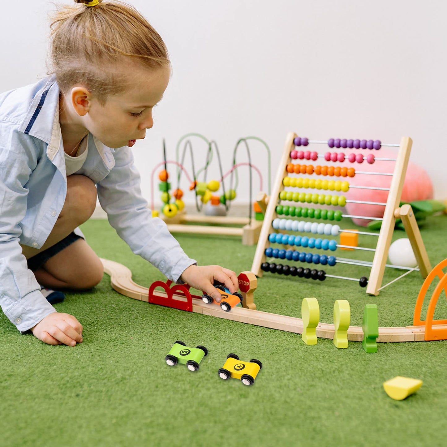 4 Pieces Wooden Car Ramp Race Track Toys for Aged 1 2 3, Christmas Party Present Wooden Car Ramp Racer Mini Cars Play Set Replac