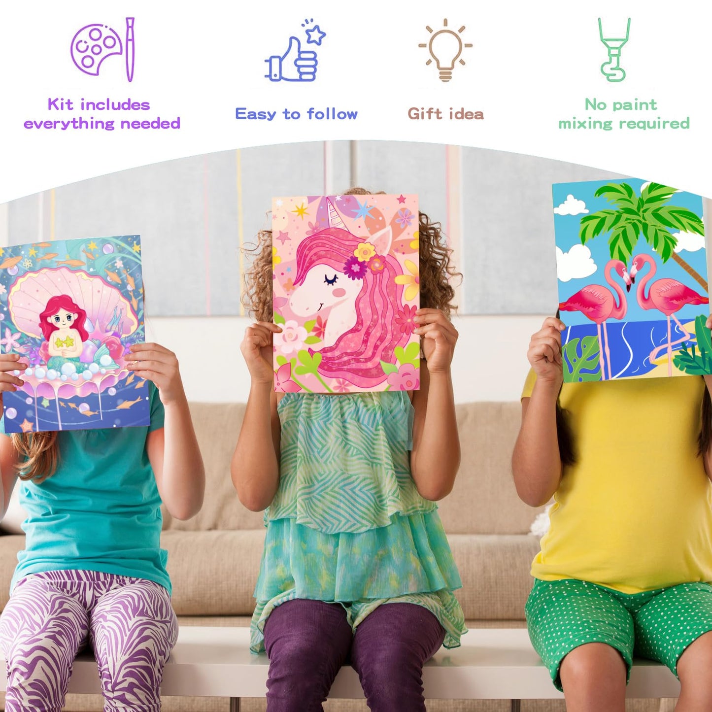 3 Pack Paint by Numbers Kit for Kids, 10*8Color by Numbers for Kids Framed Canvas with 17 Acrylic Paint Pots and 6 Brushes, Pain