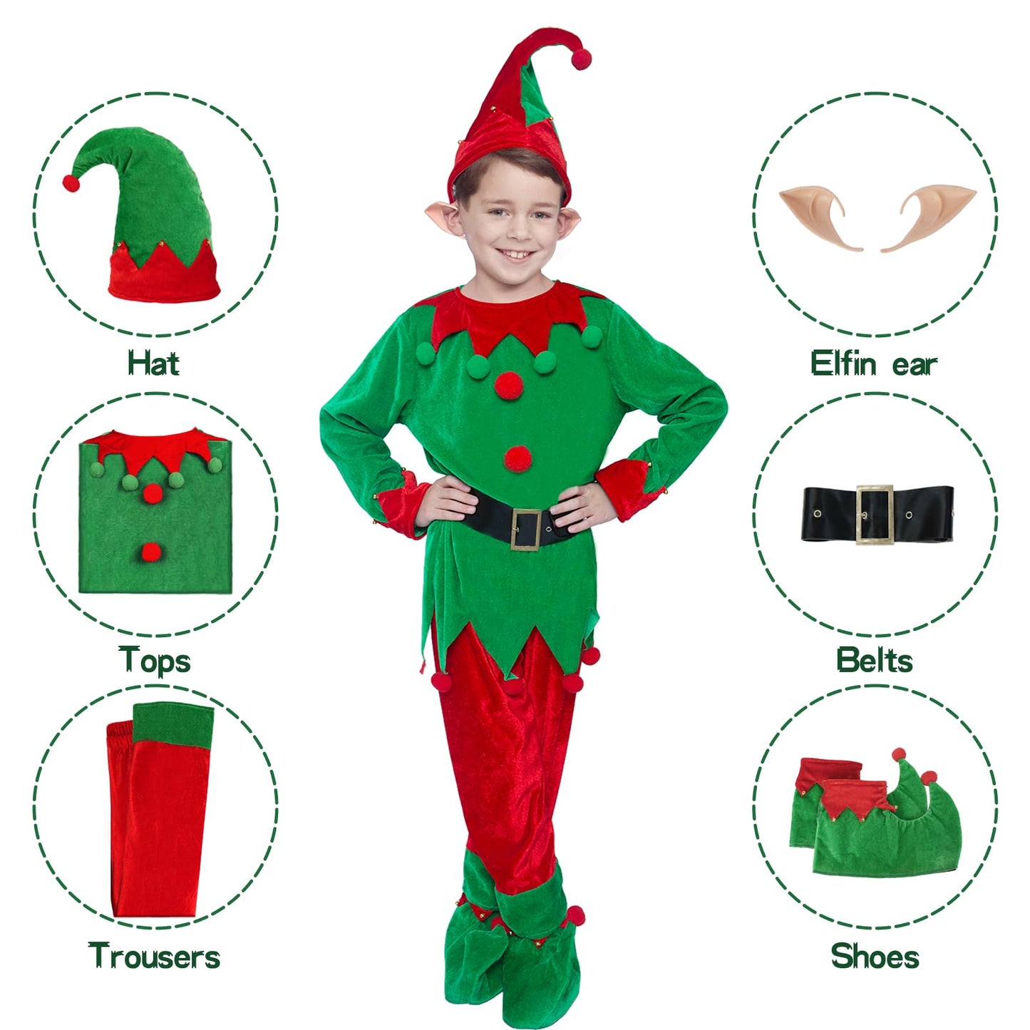 Sunhukus Christmas Elf Costume For Kids 6Pcs Santa Claus Helper Costume Velevt Outfit Elf Hat Boot Covers Ears Belt(S)