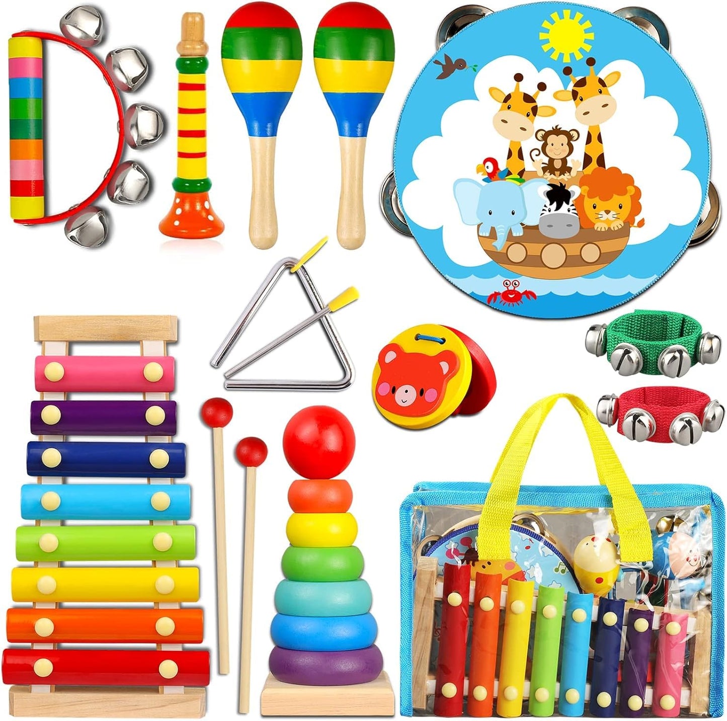 Looikoos Toddler Musical Instruments,Wooden Percussion Instruments For Baby Kids Preschool Educational Musical Toys Set Boys And Girls With Carrying Bag