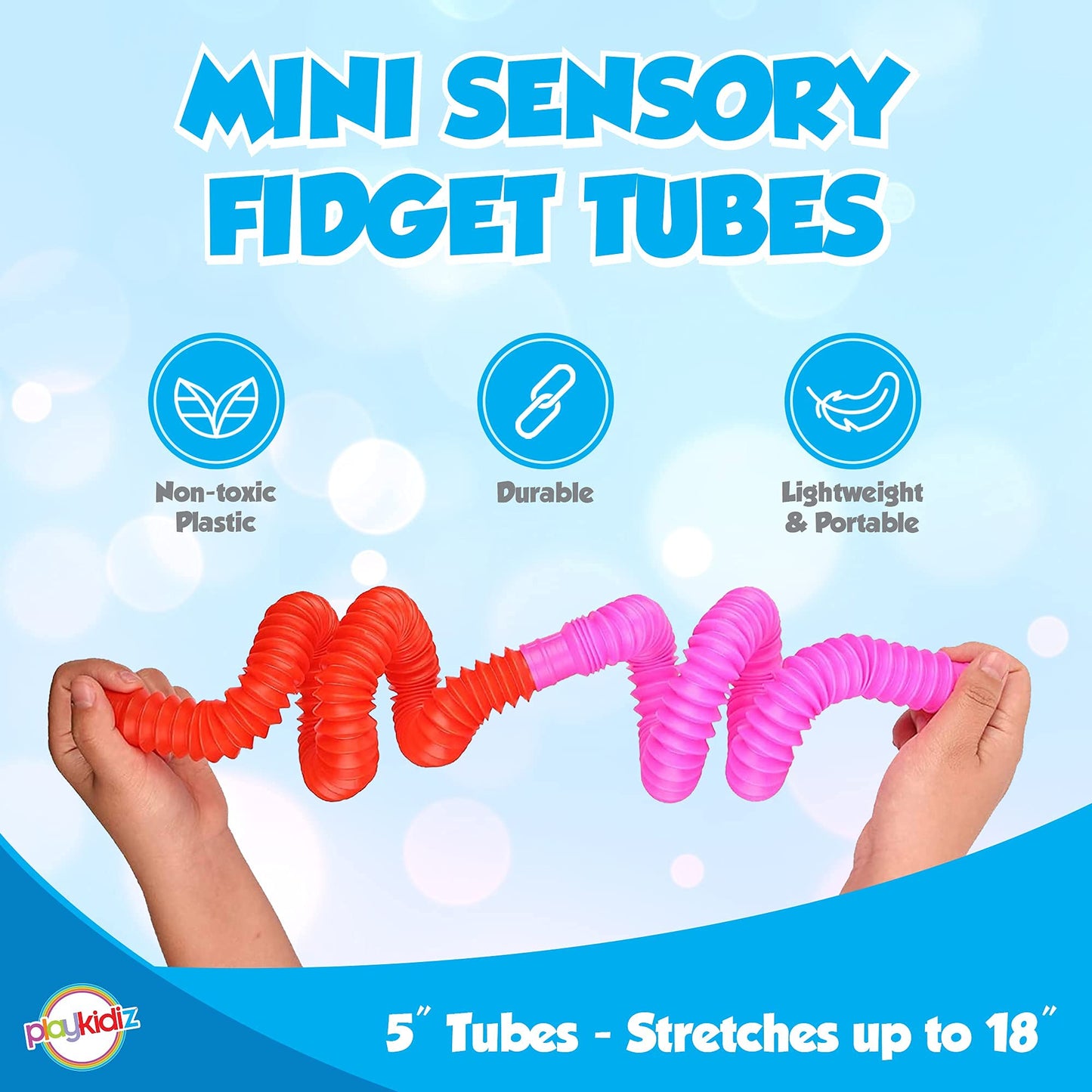 Playkidiz Pop Tubes, 8 Pack Mini 5' Sensory Fidget Tubes, Stretch Up To 18' Long, Stress Reliever Pipe Toy, Popular Plastic Fidget Tubes For Boys And Girls, Ages 3+