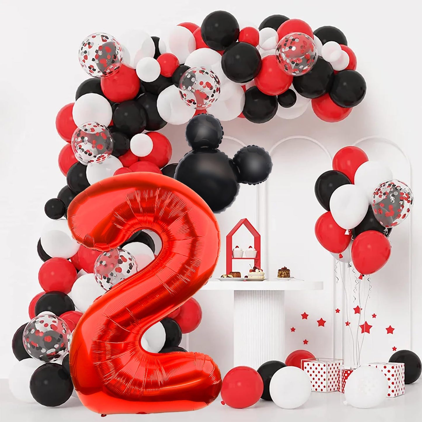 Lebery Mouse Number 2 Balloon 40 Inch Red Number 2 Balloon Mini Mouse Head Balloons For 2Nd Birthday Party, Black Red Large Numeral Two Foil Balloons For Baby Shower Anniversary Supplies Decoration