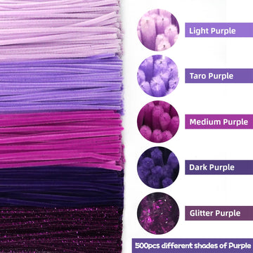 URSDIART 500pcs Purple Pipe Cleaners,5 Assorted Colors Purple Pipe Cleaners for Crafts, Halloween Craft Pipe Cleaners, Fuzzy Sti