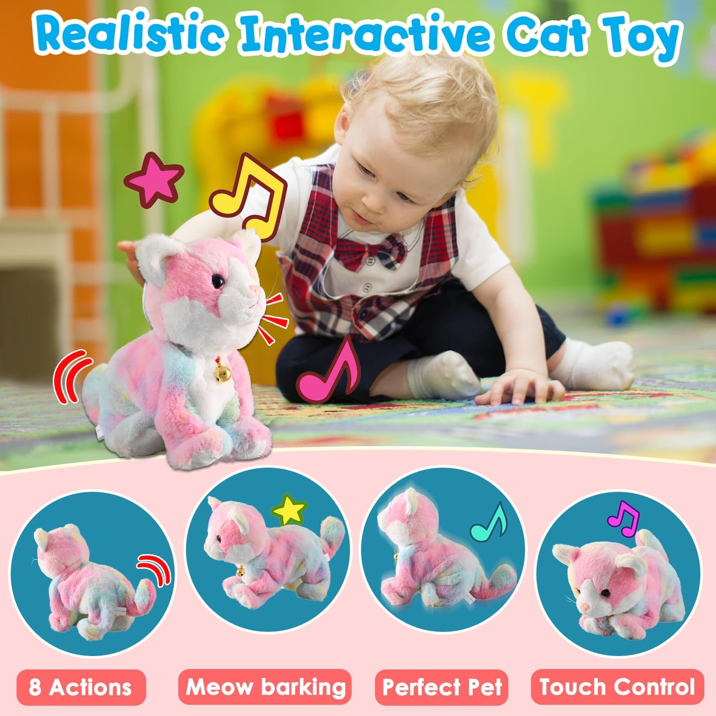 Colorful Plush Robot Cat Stuffed Animal Interactive Cat Robot Toy, Robotic Cat Barking Meow Kitten Touch Control, Animated Kitty Cat Pet, Robot Kitty Toy For Baby Birthday H:12'