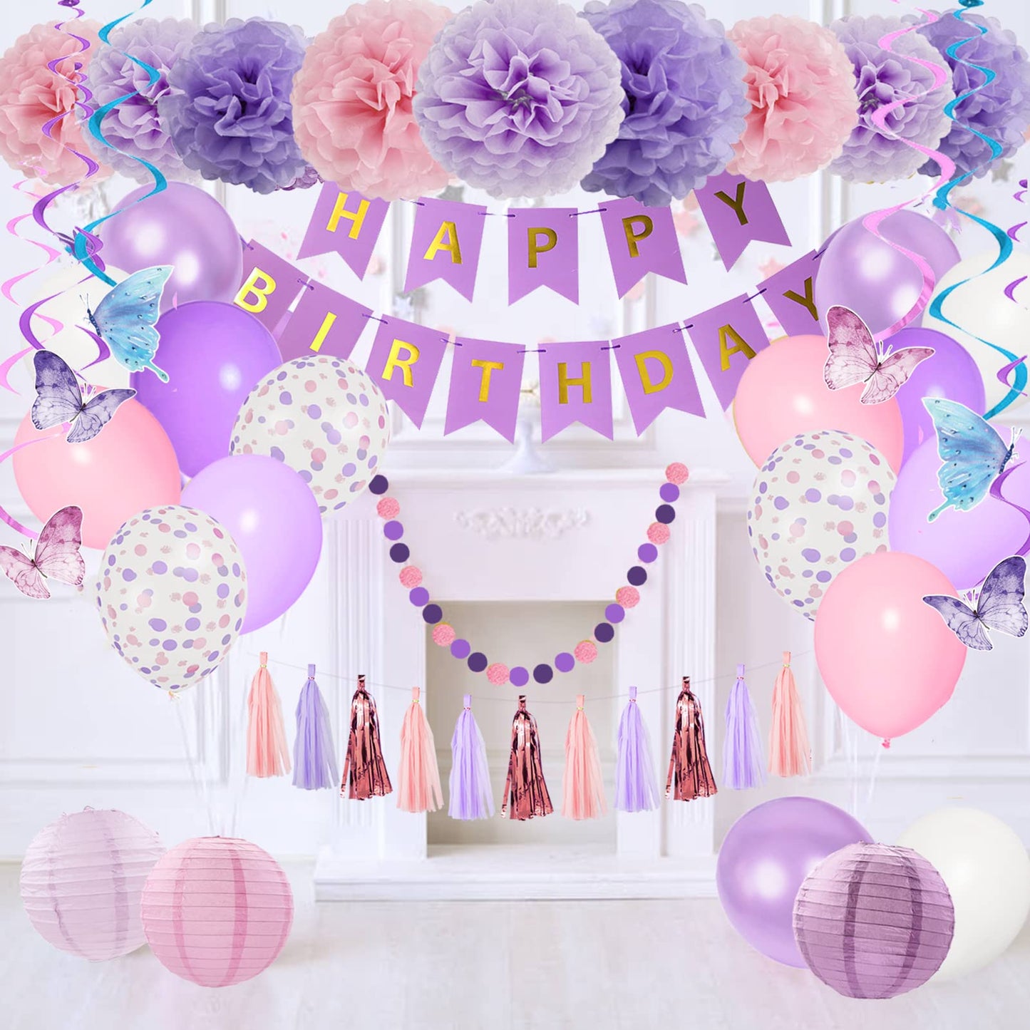 Amandir Purple Birthday Decorations For Women Girl Butterfly Birthday Party Decorations Supplies Pink And Purple Balloons Happy