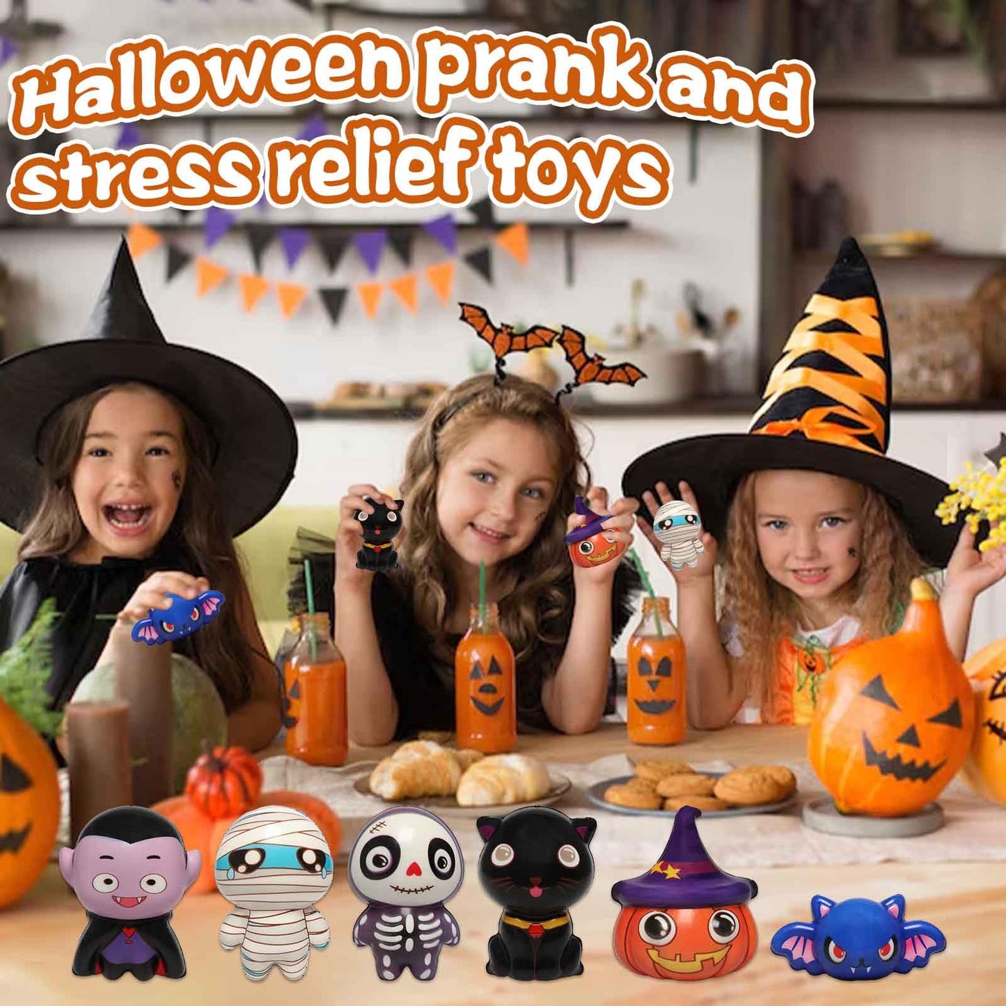 FauKait New 6 Packs-Halloween Squishies Toys Slow Rising, Gift Box Includes Pumpkin, Vampire,Black Cat,Mummy,Human Skeleton, Bat