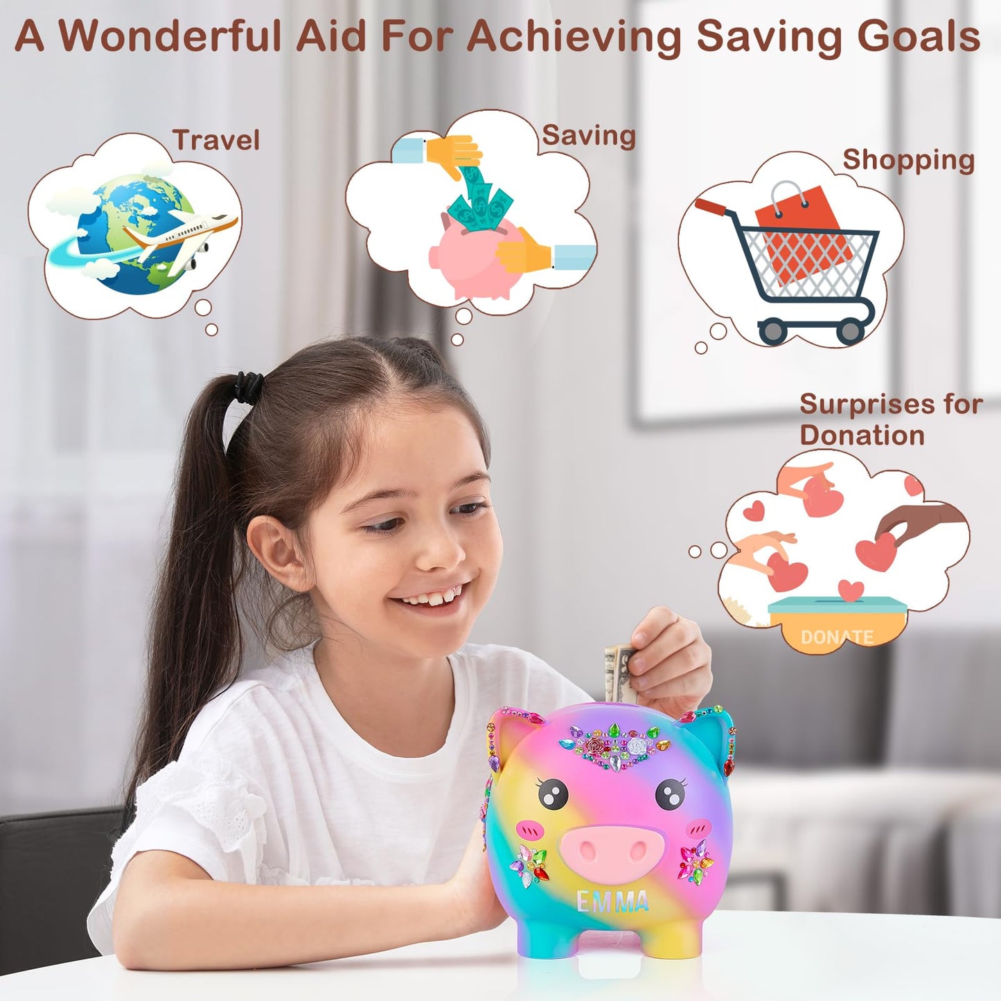 Piggy Bank Girls, Unbreakable Piggy Banks Large Money Coin Bank For Kids With Diy Stickers, For Birthday, Easter, Baby Shower, Rainbow