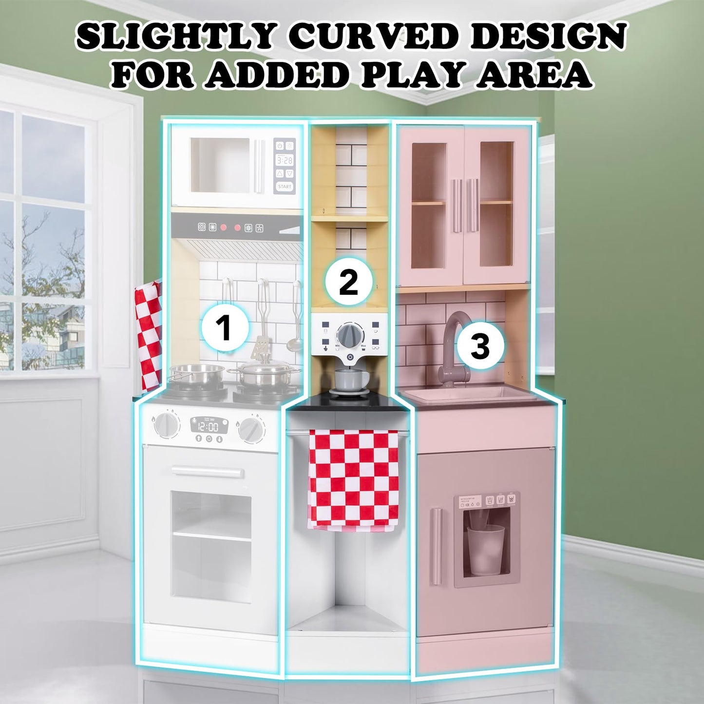 BRINJOY Kitchen Playset for Kids, Wooden Toddler Play Kitchen w/Faucet, Sink, Microwave, Oven, Apron, Cabinets, Children Pretend