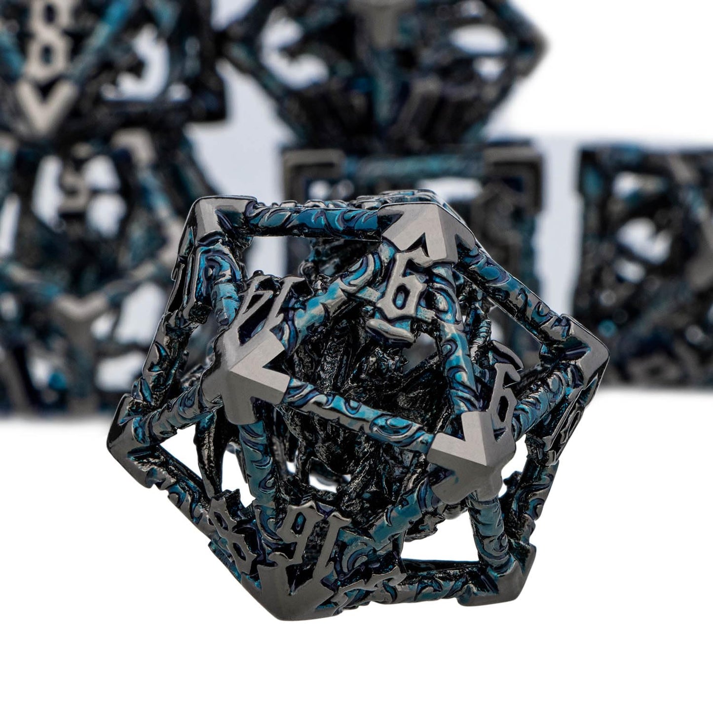 ARUOHHA Hollow DND Dice Set Black Blue Metal D and D Dice with Gift Box, Dungeons and Dragons Role Playing Games 7PCS Polyhedral