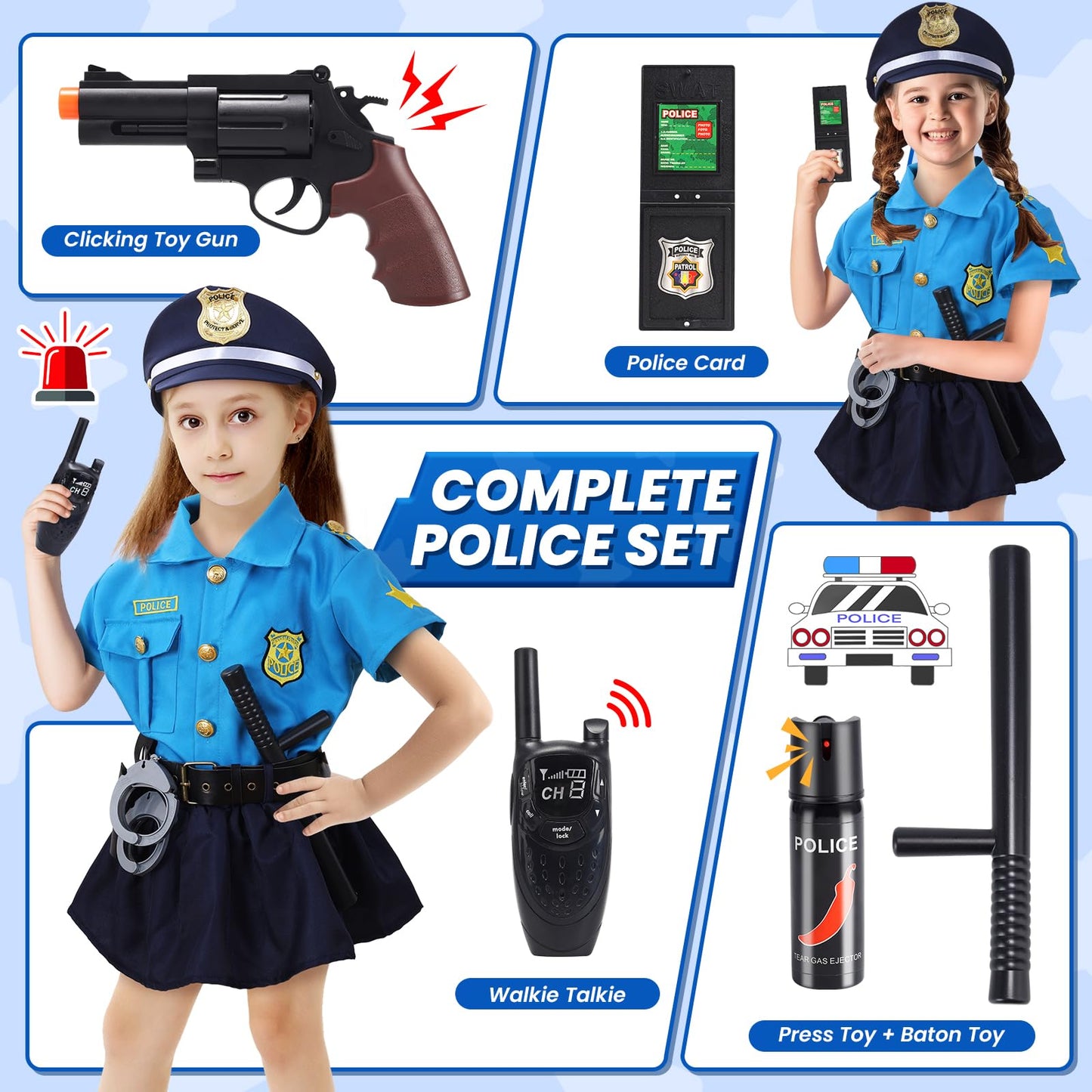 Skirfy 15Pcs Police Costume For Girls,Police Officer Costume For Kids Girls,Girls Police Costume For Kids 4-6,Police Uniform Wit