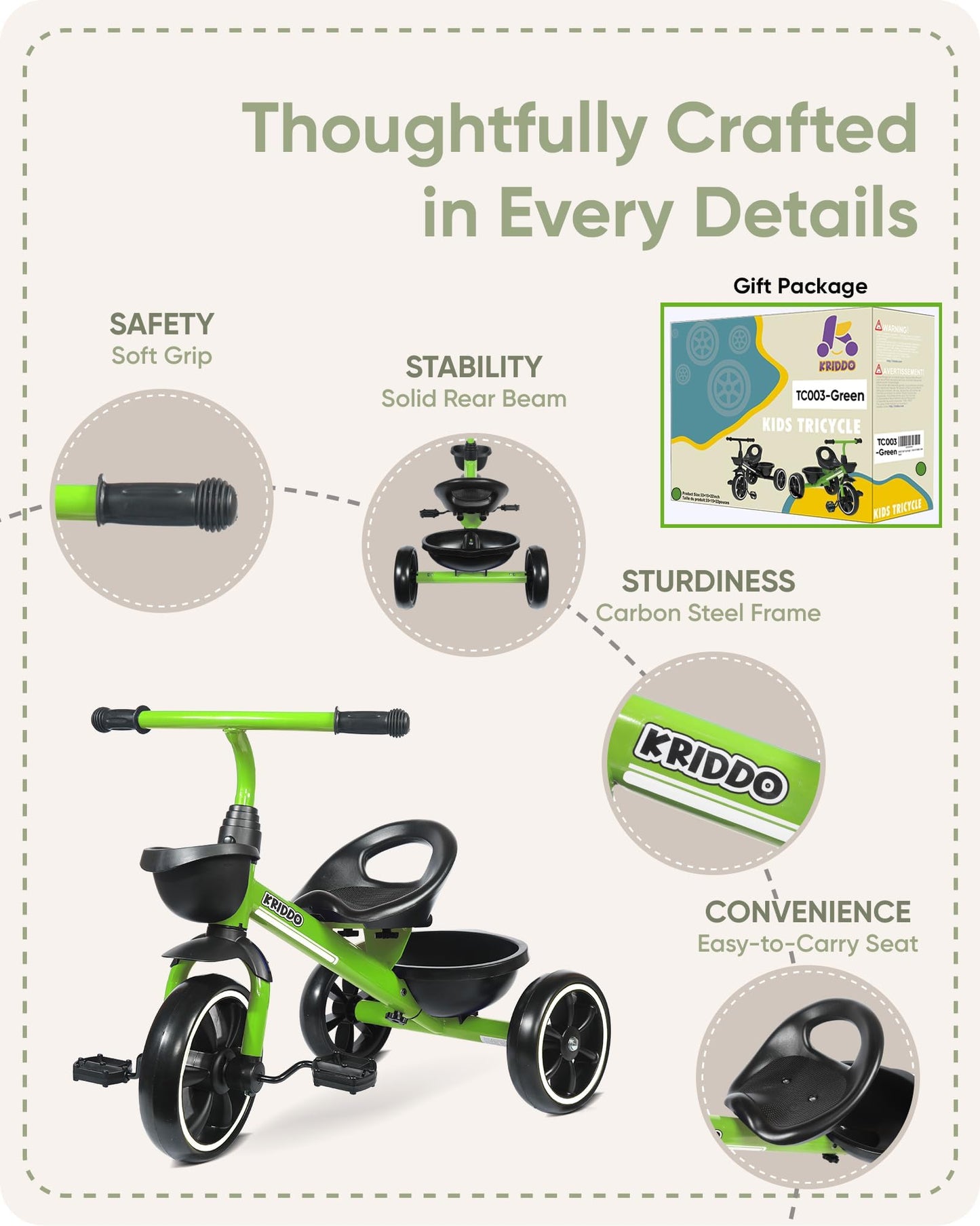 KRIDDO Tricycle for Kids Age 2-4, Large Green Toddler Trike, Carbon Steel, Model TC003-Green