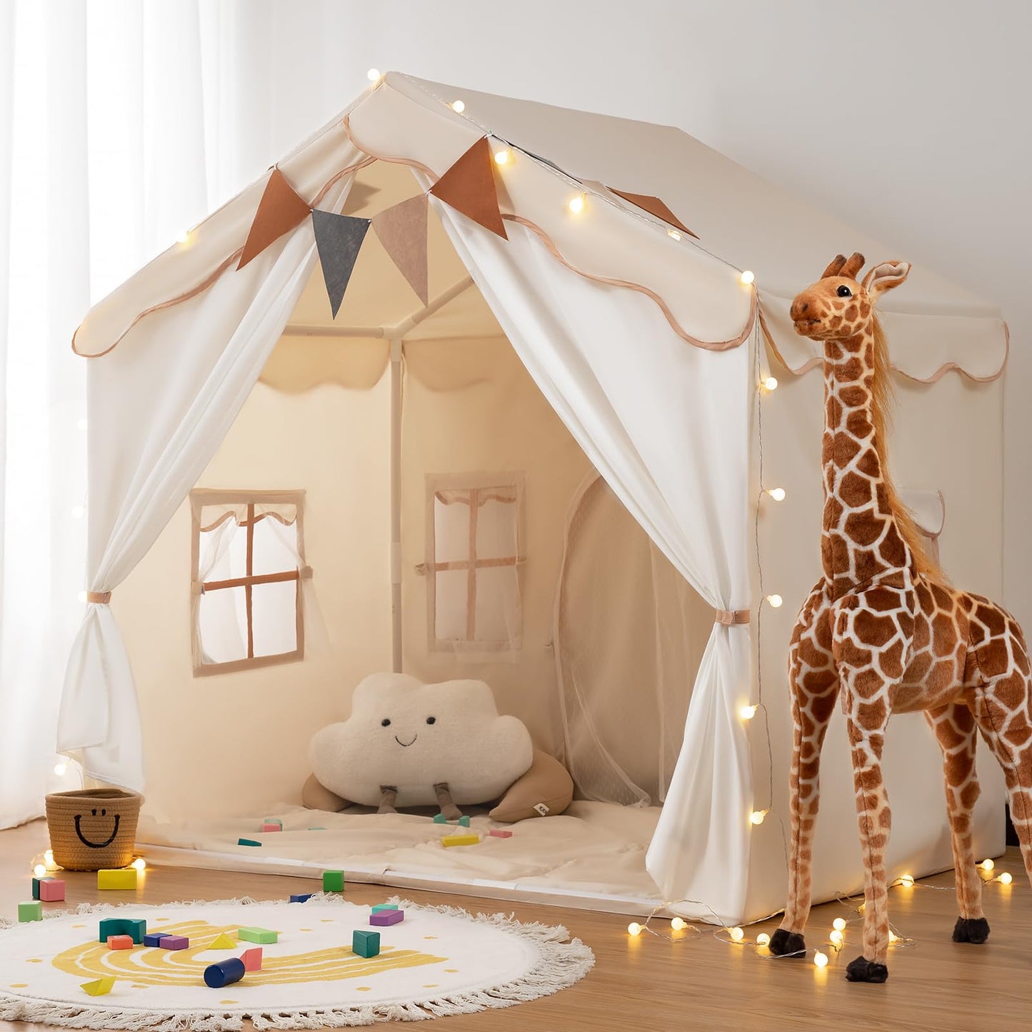 Besrey Kids Tent, Kids Playhouse 2 In 1 With Padded Mat And Lights, Large Play Tent With 2 Doors & 4 Windows, Kids Play Tent Indoor & Outdoor, Christmas Toddler Tent For Kids, 51' X35' X 51'