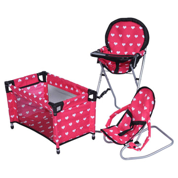 The New York Doll Collection Pink Hearts Mega Play Set for 18-inch Dolls - High Chair, 3-in-1 Bouncer & Pack N Play - Small