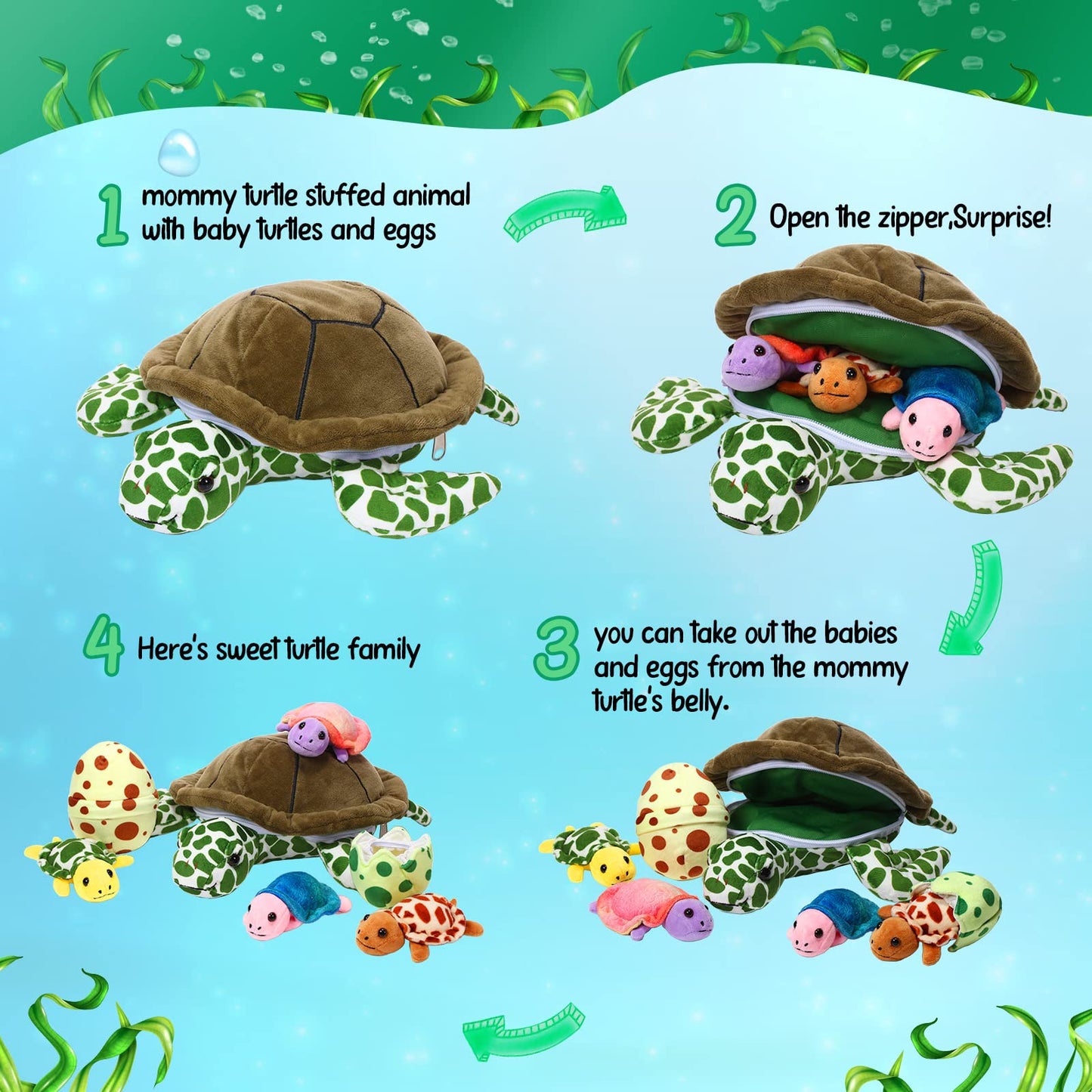 Aoriher 6 Pieces Turtle Stuffed Animal Set 12 Inch Stuffed Sea Turtle Mom With 3 Babies Plush Turtles And 2 Turtle Eggs Stuffed