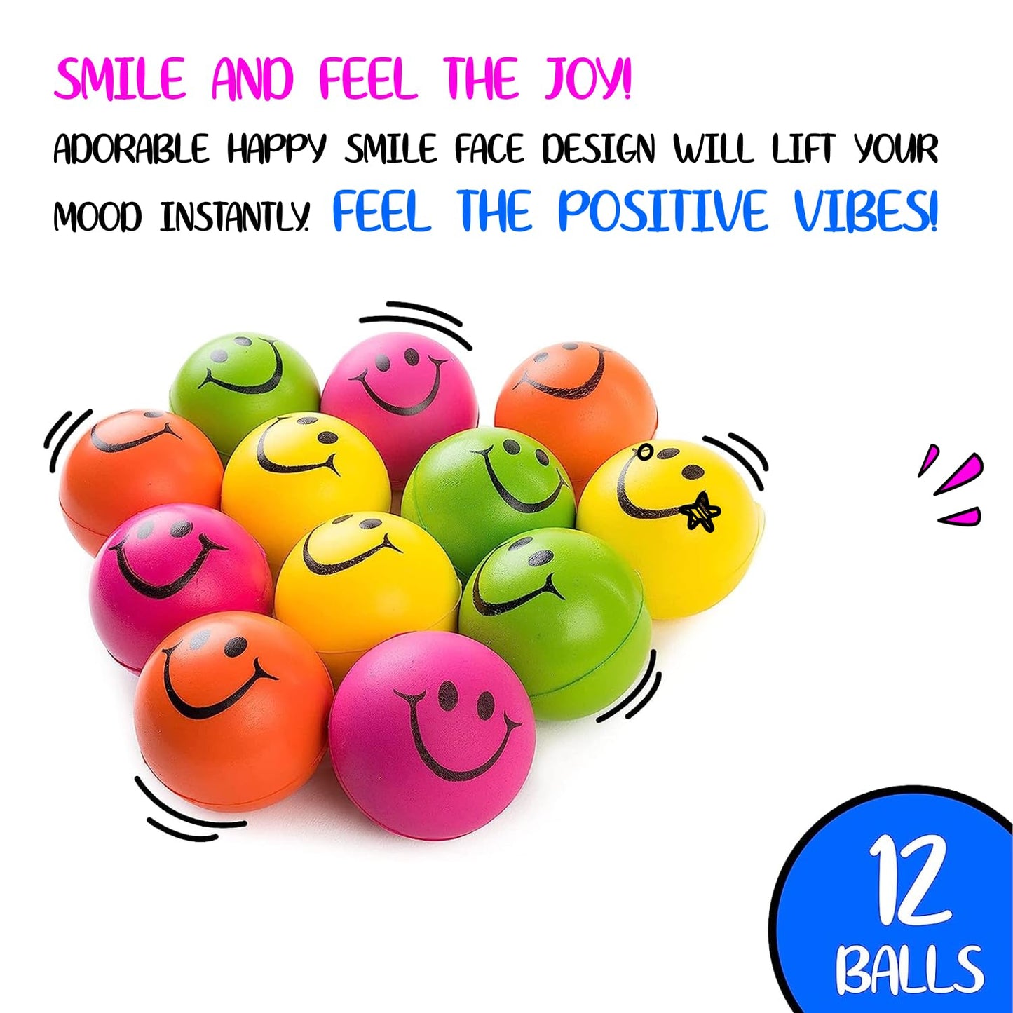 Neliblu Neon Smile Stress Balls For Adults And Kids - Foam Squeeze Balls For Stress Alleviation, Relaxation And Fun - Pack Of 12 Happy Face 2.5-Inch Stress Balls - Ideal For Parties, Therapy, And Toys