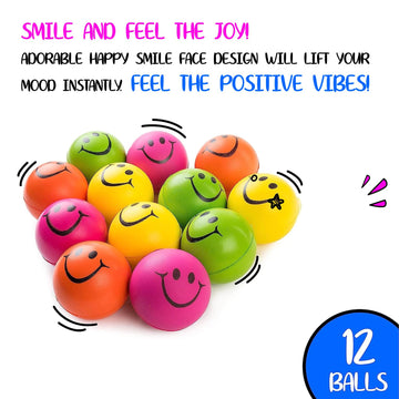 Neliblu Neon Smile Stress Balls For Adults And Kids - Foam Squeeze Balls For Stress Alleviation, Relaxation And Fun - Pack Of 12 Happy Face 2.5-Inch Stress Balls - Ideal For Parties, Therapy, And Toys