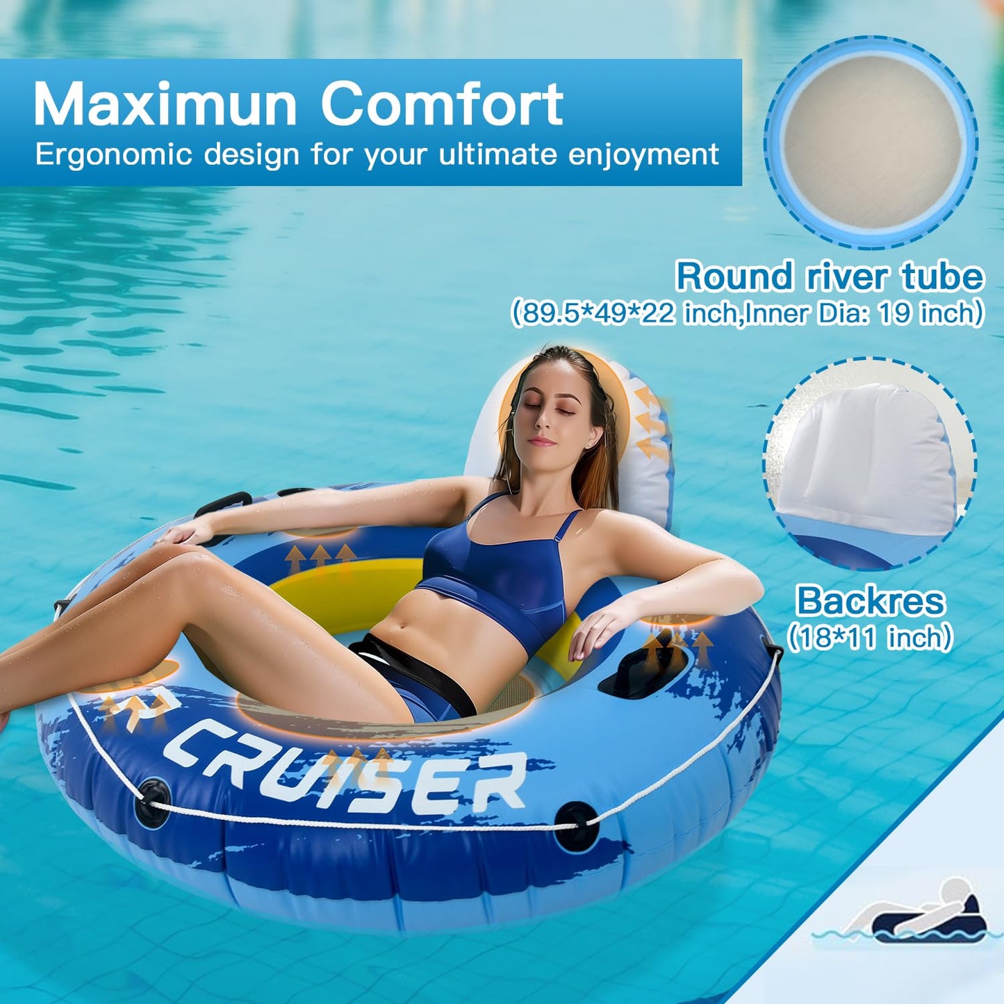 2-Pack Sunrio New Pool Floats enhanced River Tube with Mesh Bottom Backrest & Cup Holder Giant Floaties for mature-themeds Fashion Pool Floaties for Occupations & Recreation Pool Lounger(Blue-White)