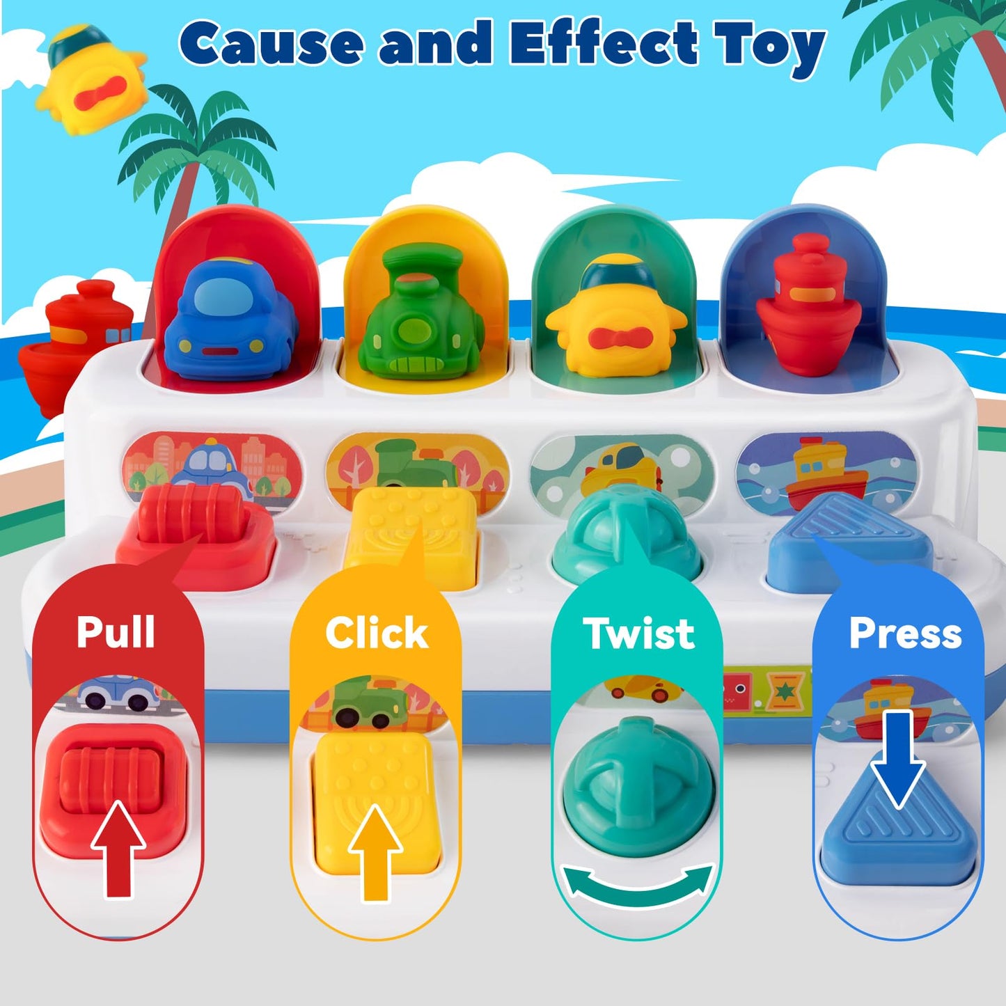 Interactive Cause And Effect Toys For Toddlers 1-3, Pop Up Vehicles Toys For Boys Girls, Sensory Baby Montessori Toys For 1 Year