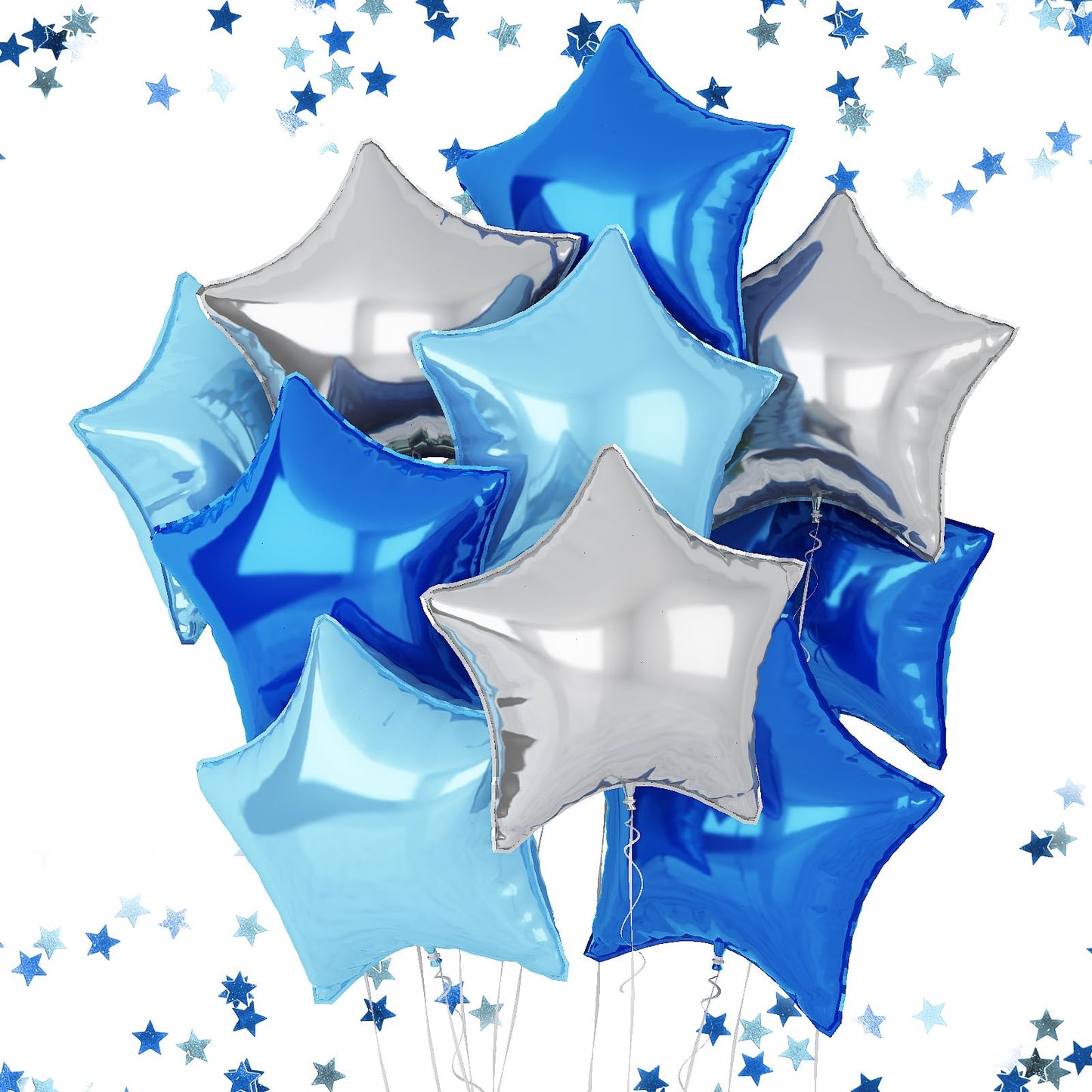 Blue Silver Foil Star Balloons, 18 Inches Star Foil Balloons For Helium, 10 Pcs Blue Silver Helium Birthday Balloons, Party Foil