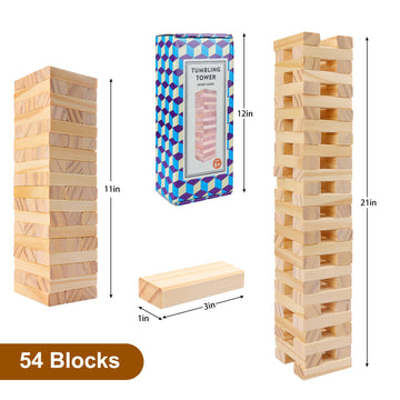 Offelec Wooden Blocks Stacking Tumbling Tower Game For Kids Adults Family 54 Pcs Classic Block Stacking Board Games For Indoor O