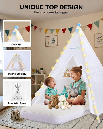 Heypappy Teepee Tent for Kids with Inflatable Airbed, String Lights, Balloons, Pump, Washable Slumber Party Tent Indoor Outdoor