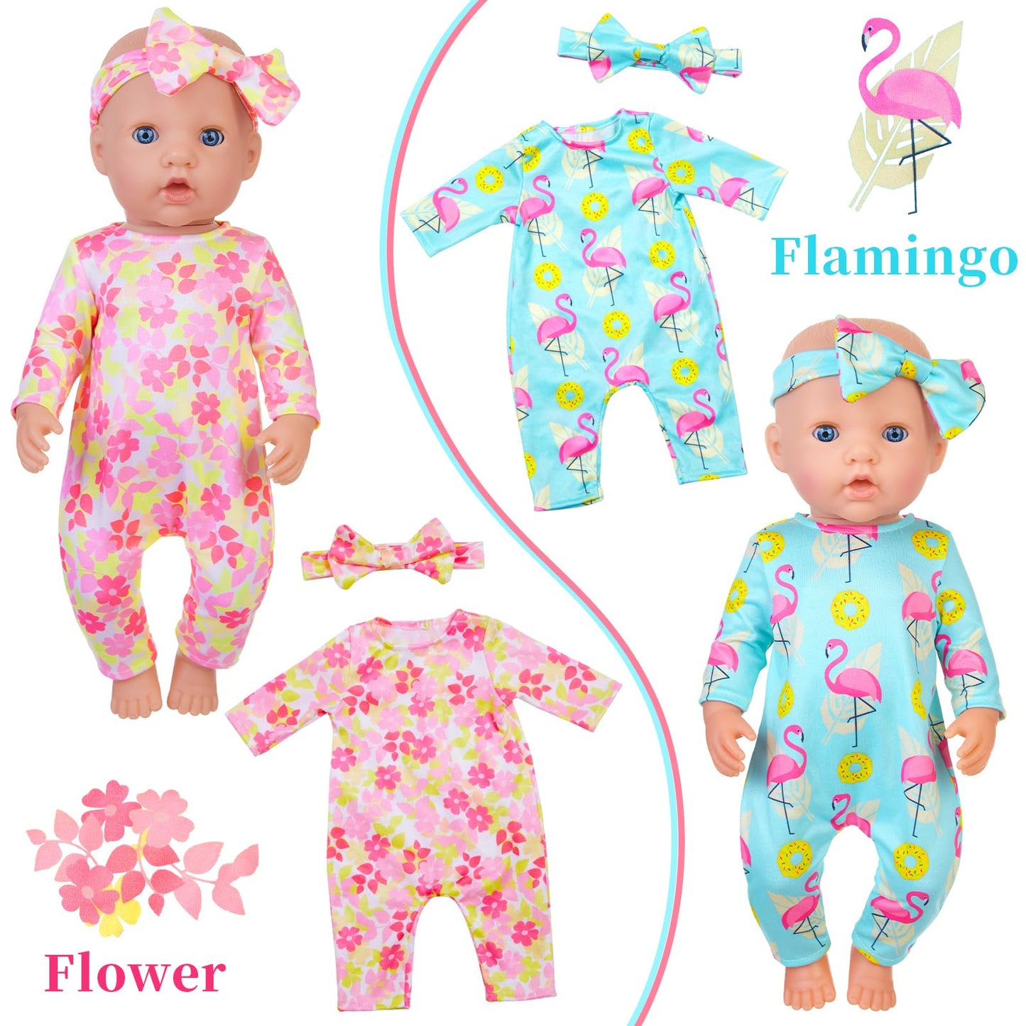 Ecore Fun 5 Sets Baby Doll Clothes And Headbands Baby Doll Accessories Set For 14 -16 Inch Doll, Total 10 Pcs Cute Pattern Jumpsuit Doll Clothes And Accessories For 15 Inch Baby Dolls 18 Inch Dolls