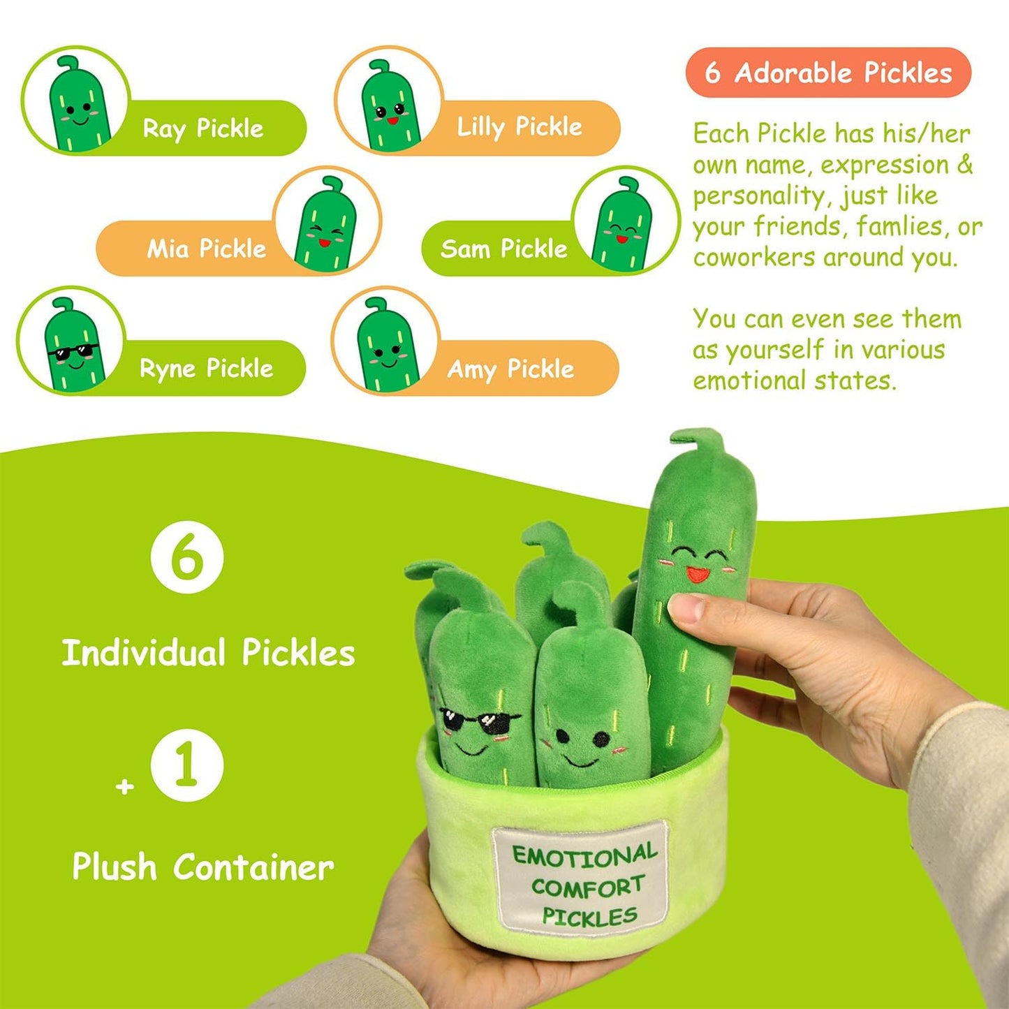 Kingwee Cute Emotional Support Pickle Plush Toys - 6 Stuffed Pickles in Soft Container, Perfect Gift for Friends & Coworkers, Green