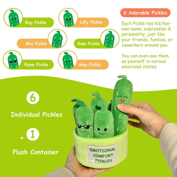 Kingwee Cute Emotional Support Pickle Plush Toys - 6 Stuffed Pickles in Soft Container, Perfect Gift for Friends & Coworkers, Green
