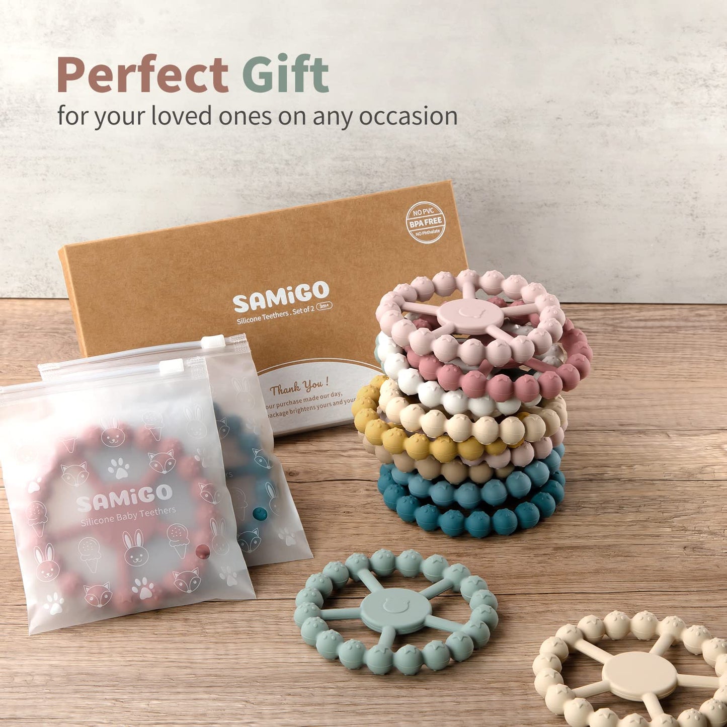 Samigo Silicone Teethers For Babies 0-6 6-12 Months Baby Teething Rings Chew Toys For Infant Boys And Girls - 2 Pack