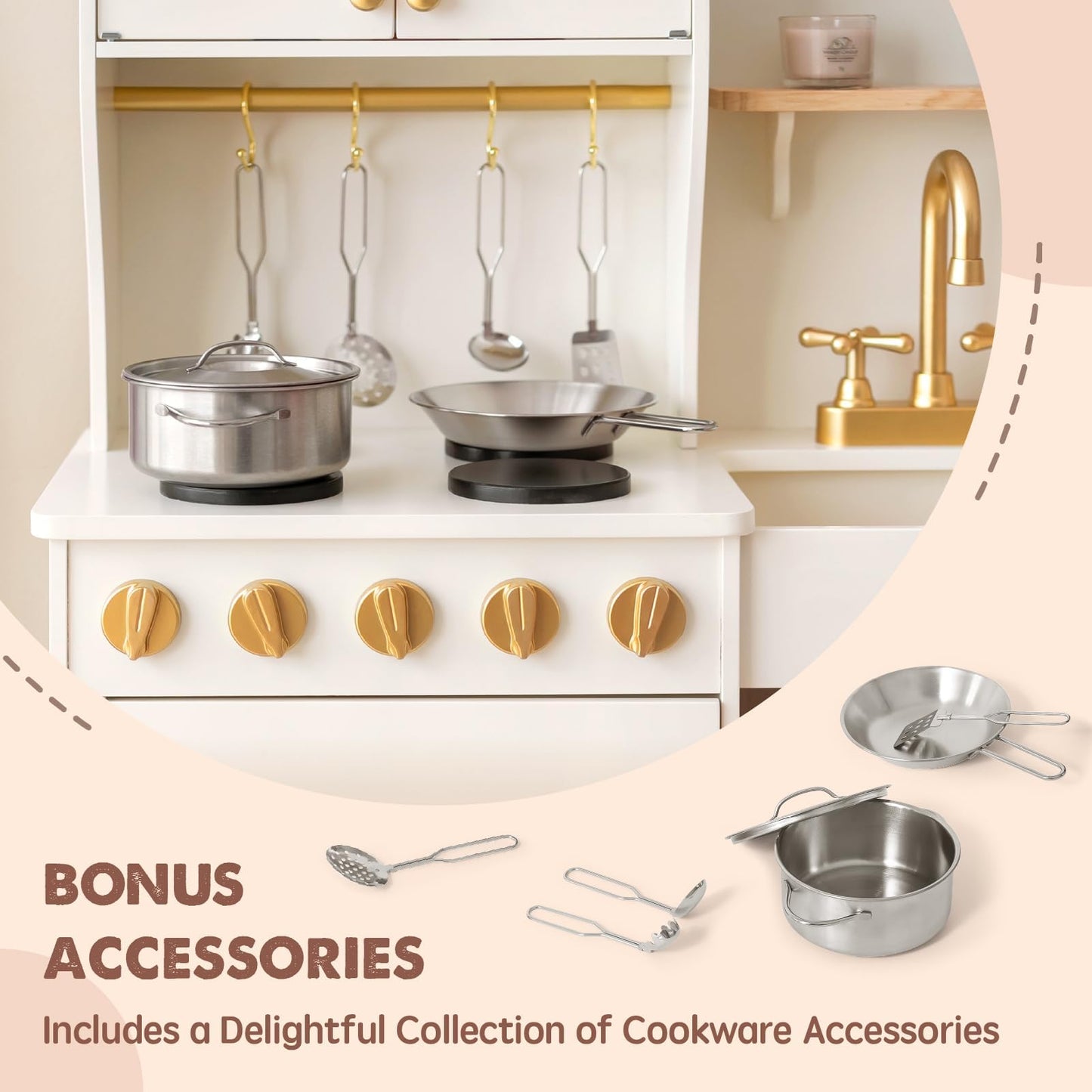 Tiny Land Large White Wooden Play Kitchen Set for Kids with Storage, Features & Gifts for Ages 3+