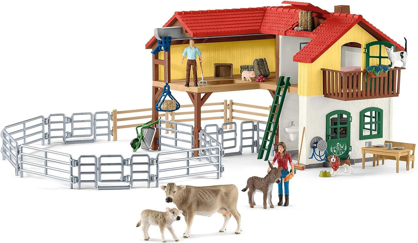 Schleich Farm World - Large Farm House, 97-Piece Toy Farm House with 3 Rooms, Farmer Figurines and Multiple Animal Toys with Acc